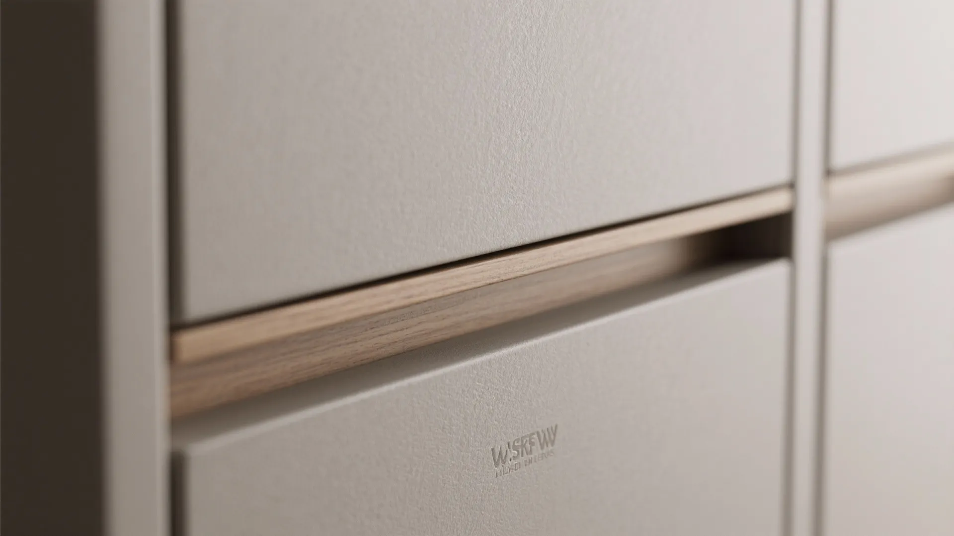 Macro detail of matte cabinet surface with linear pull and wood edge in a minimalist kitchen.