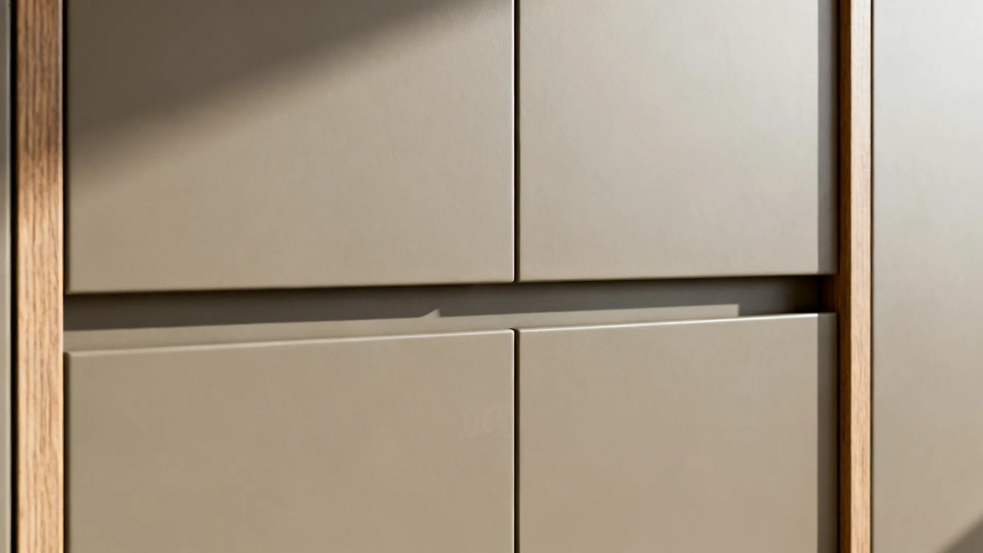 Macro detail of a push-to-open cabinet with matte greige finish in a minimalist drawing room.