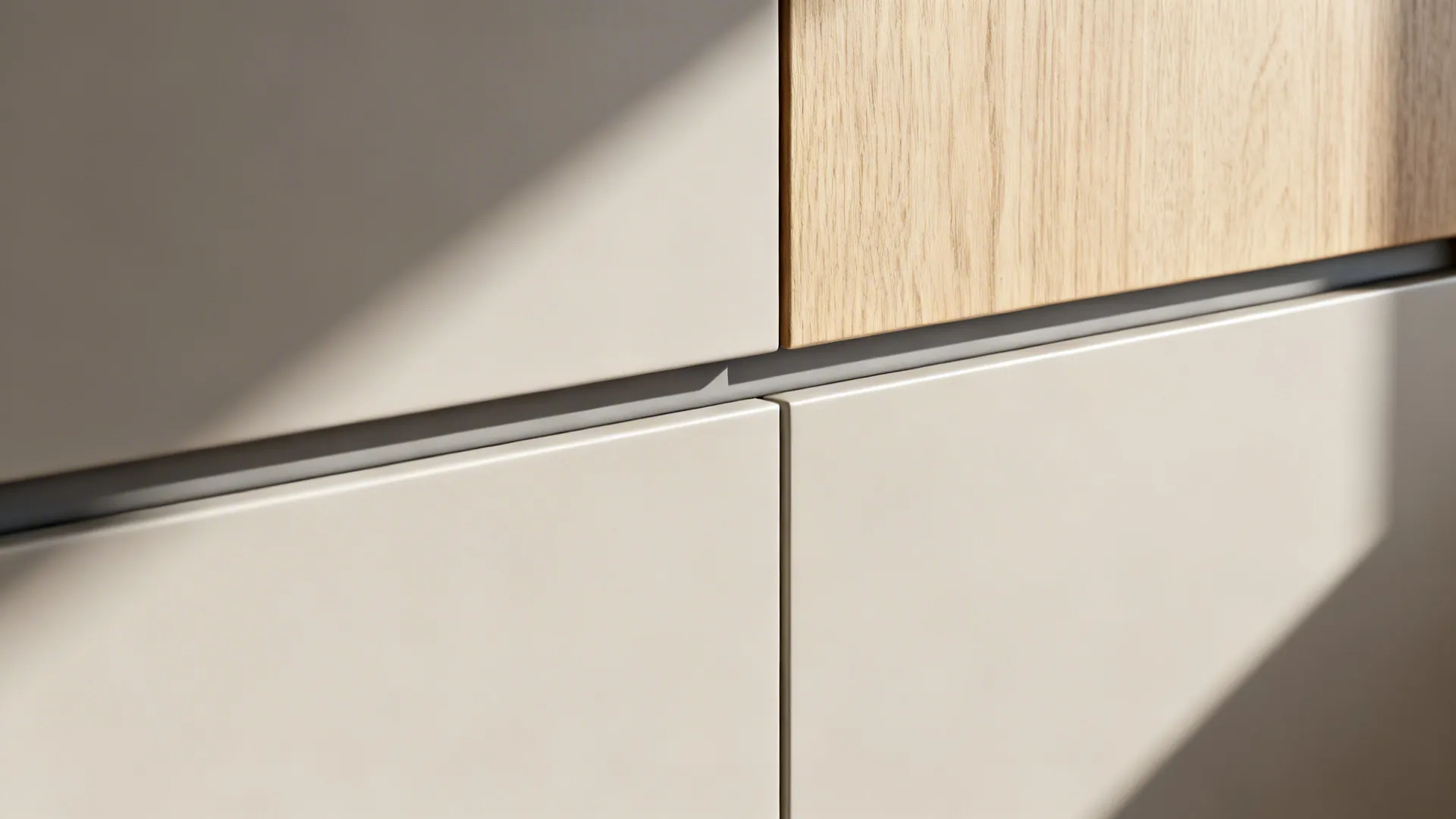 Macro detail of matte white flat-front door meeting light oak panel with crisp lines.