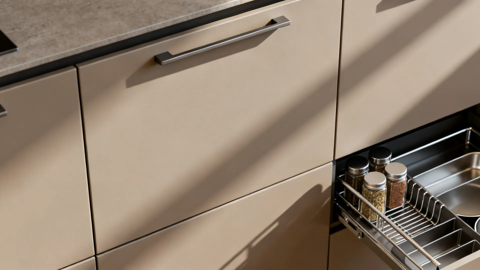 Macro of matte integrated-pull cabinet with organizer showing refined textures.