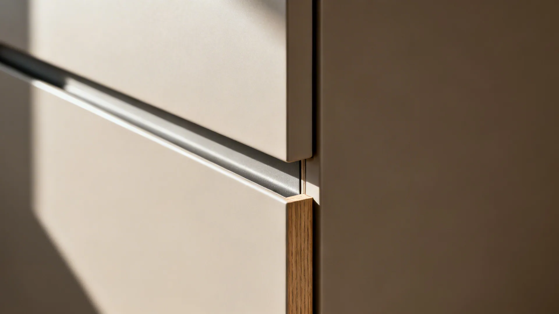 Macro of minimalist cabinet edge with slim pull and precise door gap in soft light.