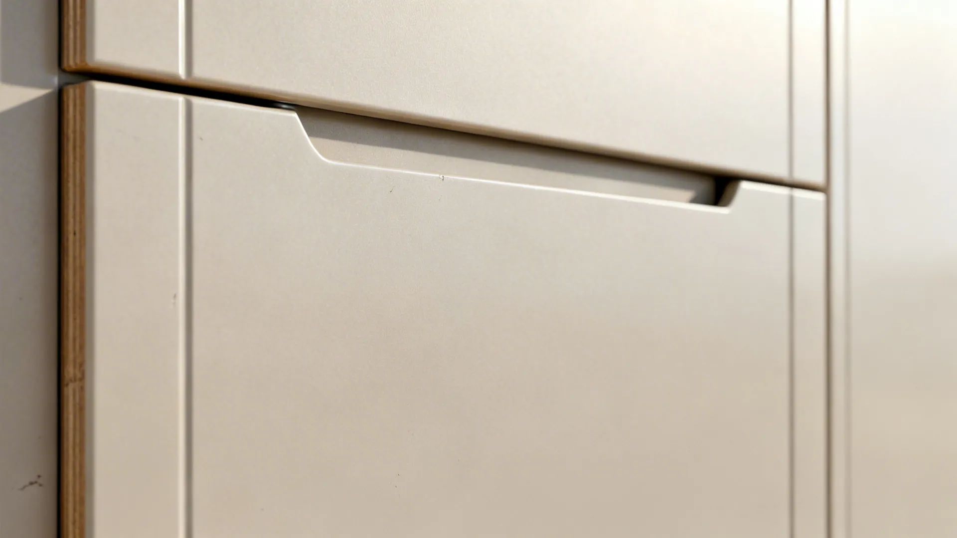 Macro detail of a satin slab cabinet door with push-to-open hardware and crisp reveals.