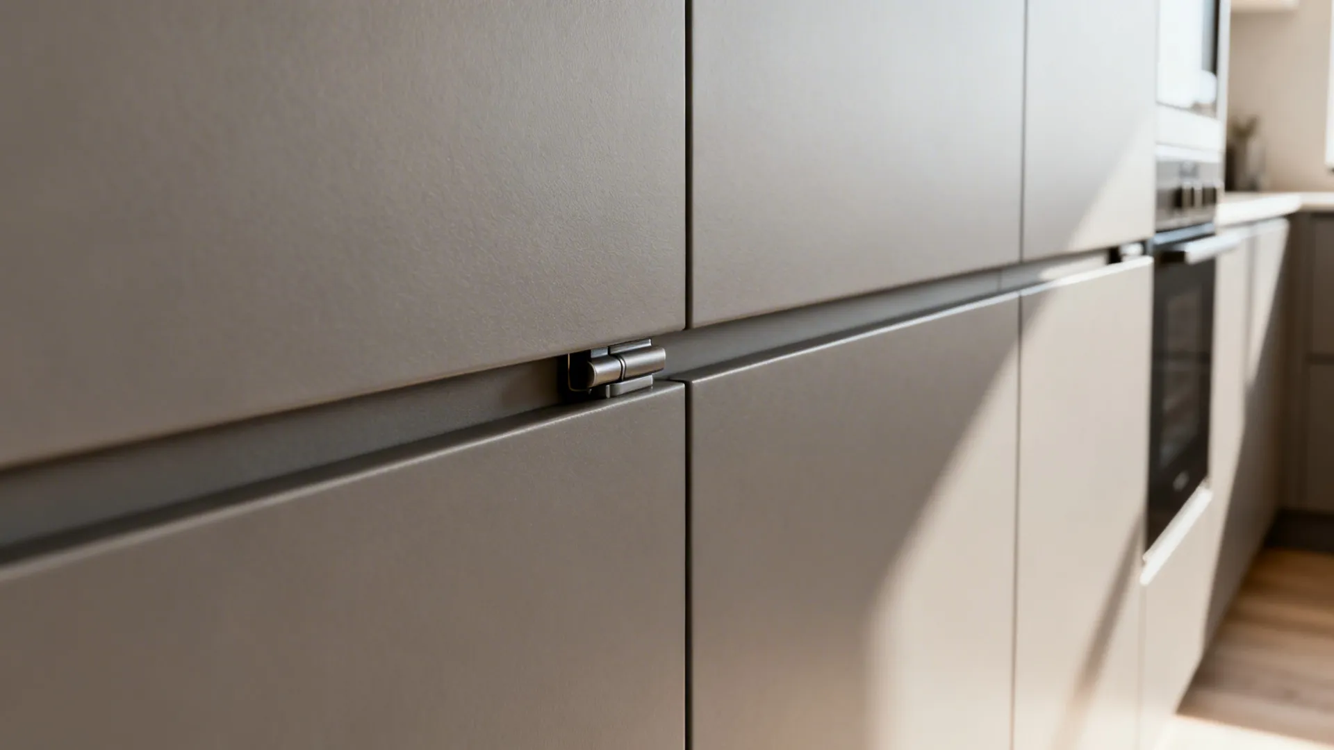 Macro of matte handleless cabinet with precise shadow gap and push-latch detail.