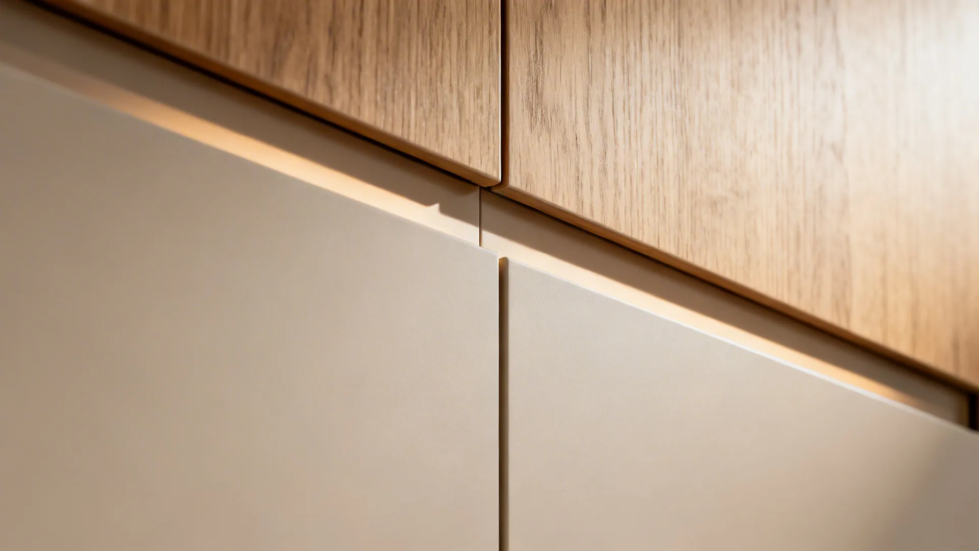 Close up of modern kitchen cabinet doors with light wood grain and smooth beige finish