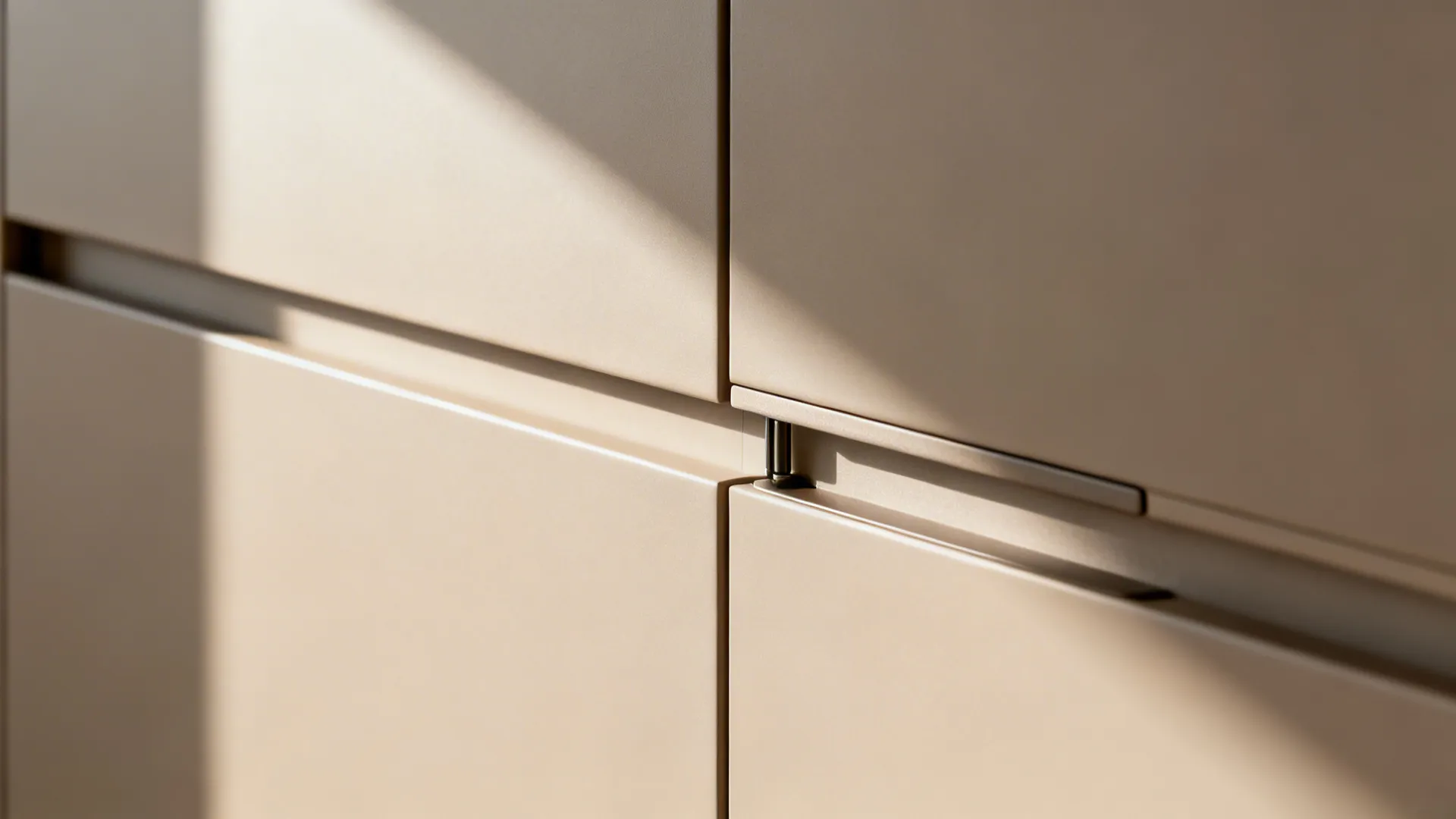 Macro view of matte cabinet door with integrated pull and precise alignment.