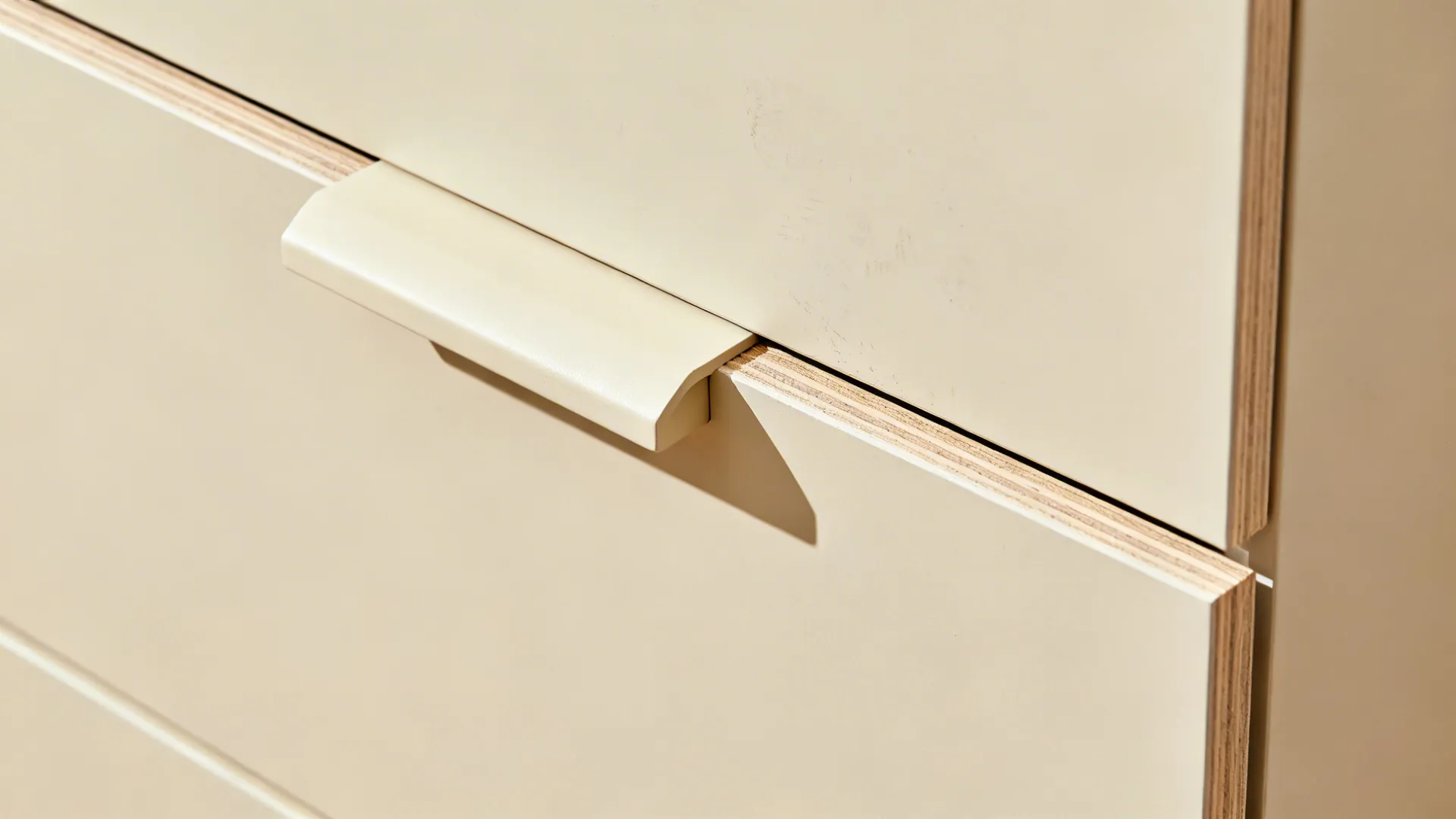 Macro detail of matte slab cabinet with integrated pull and soft-close hardware.