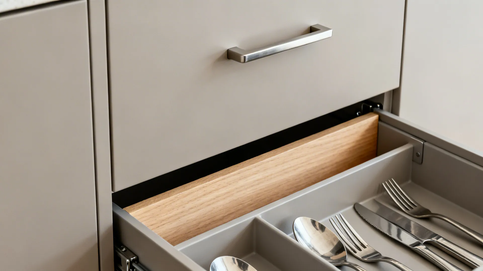 Macro of matte cabinet with integrated pull and shallow drawer organizer in a minimalist kitchen.