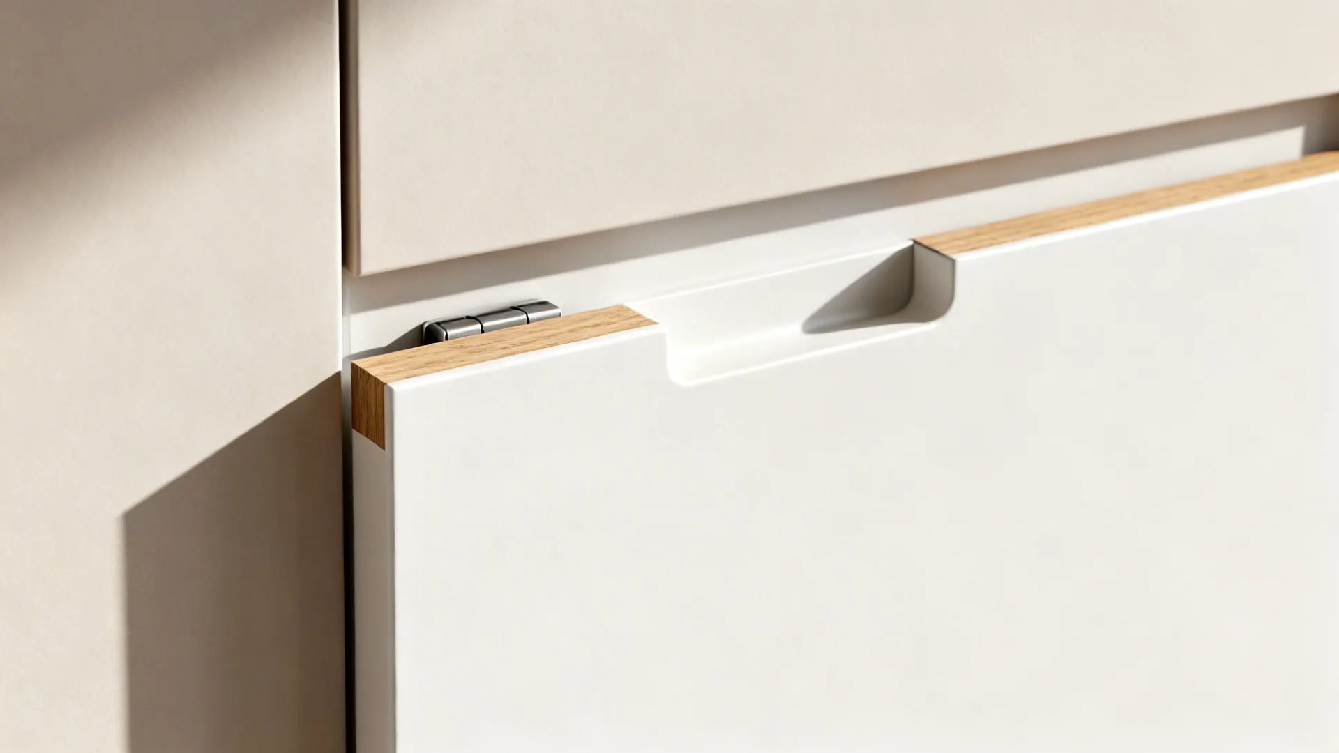 Macro of matte cabinet door with integrated pull and oak edge under soft daylight.