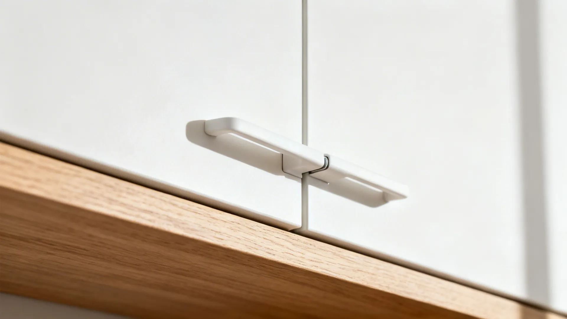 Macro of a matte white cabinet door and light oak shelf with crisp textures.