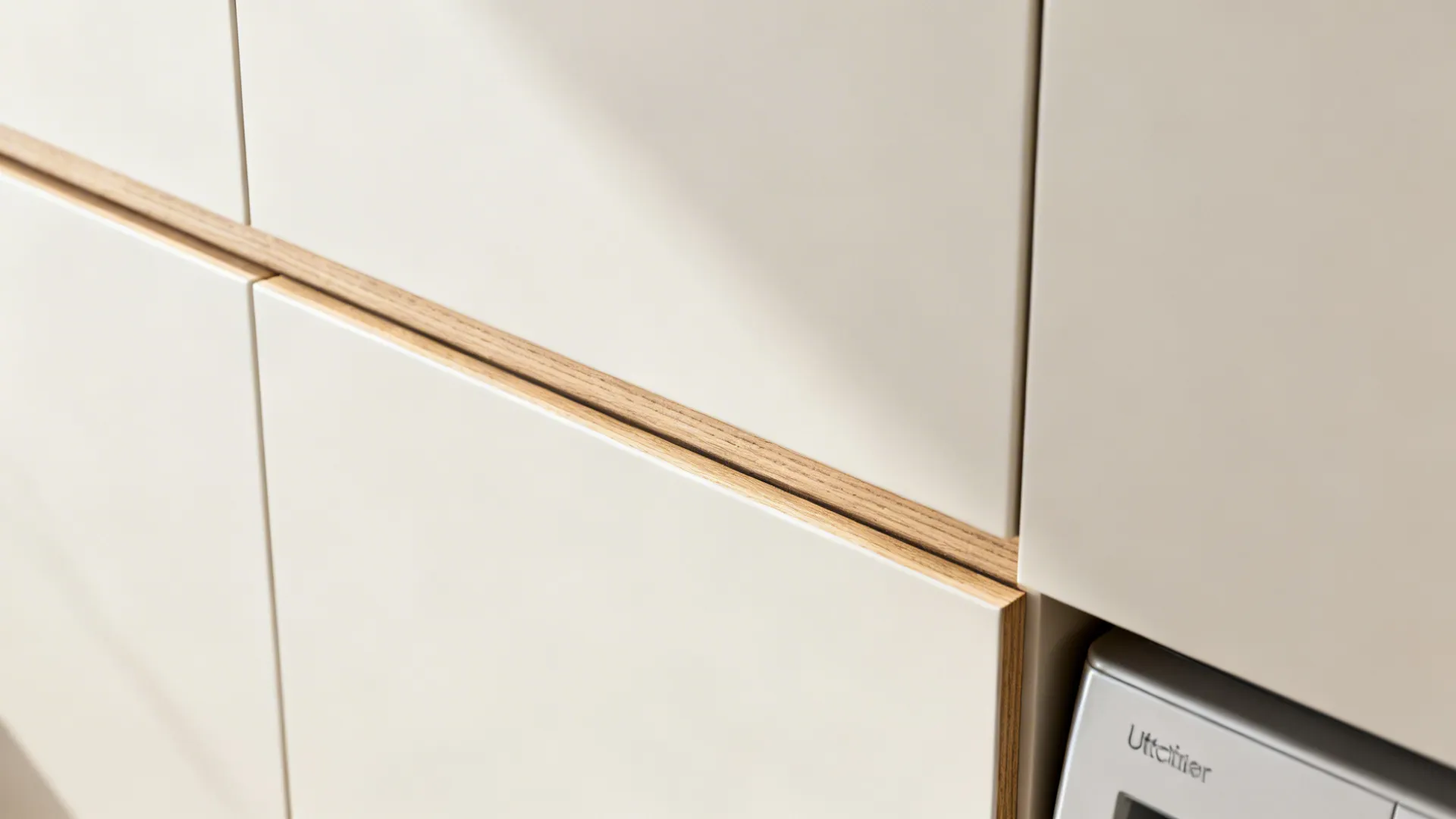 Macro of matte cabinet with push-to-open and ventilated shadow gap near the utility washer.