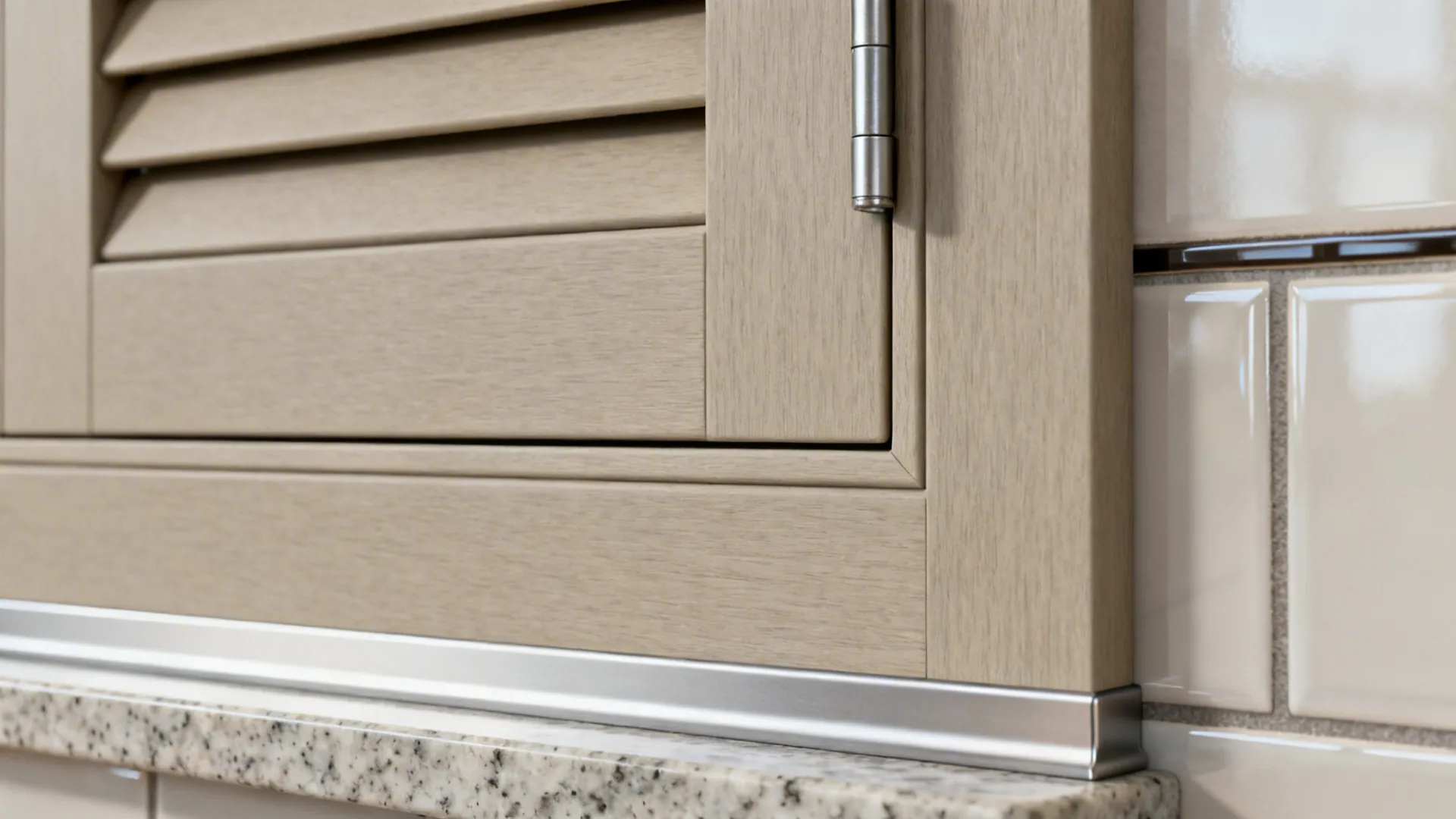 Macro of matte greige cabinet shutter with edge banding, soft-close hinge, and aluminum toe-kick.
