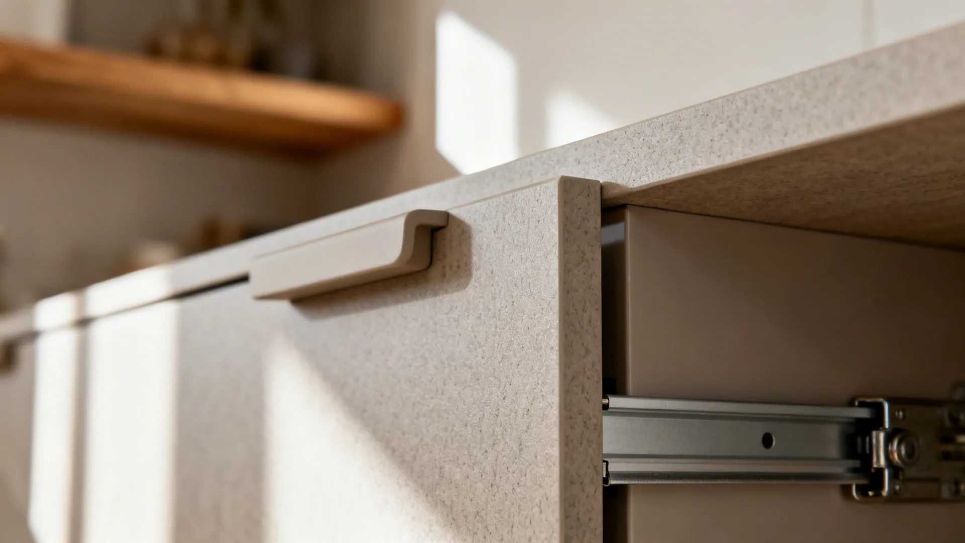 Macro of matte handleless cabinet with J-pull edge and soft-close hardware.