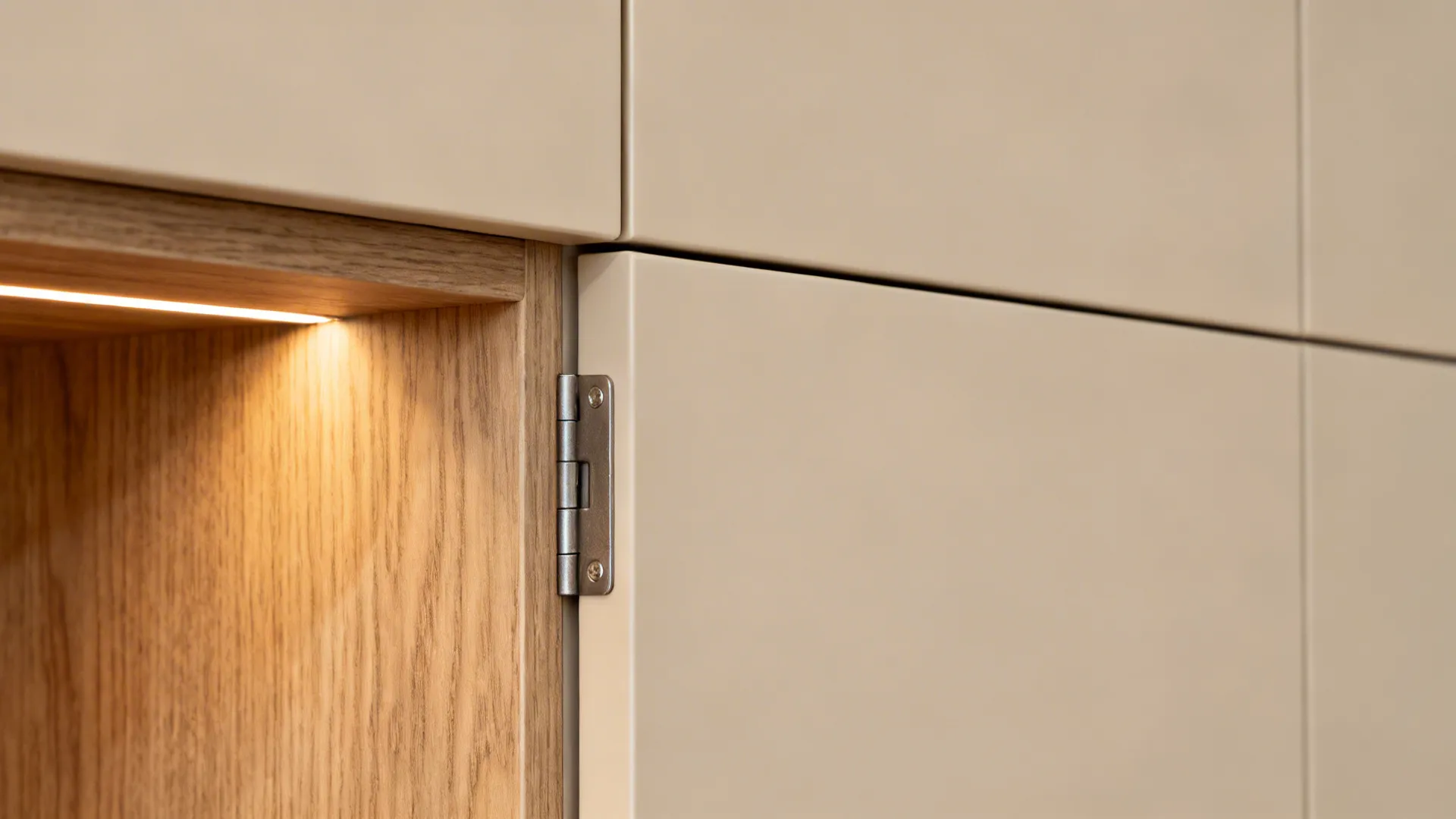 Macro of matte handleless cabinet edge with soft-close hinge and LED glow.