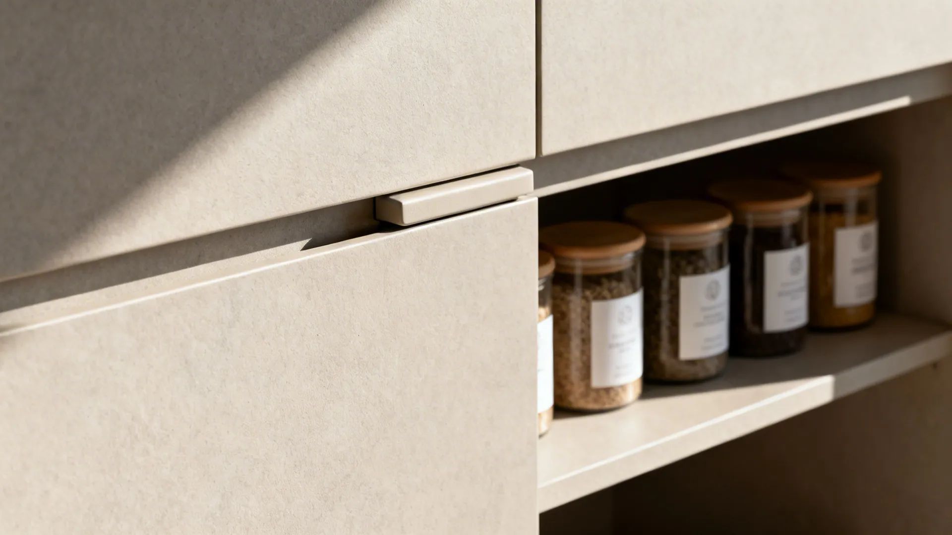 Close up of a matte beige kitchen cabinet with a small handle and glass jars