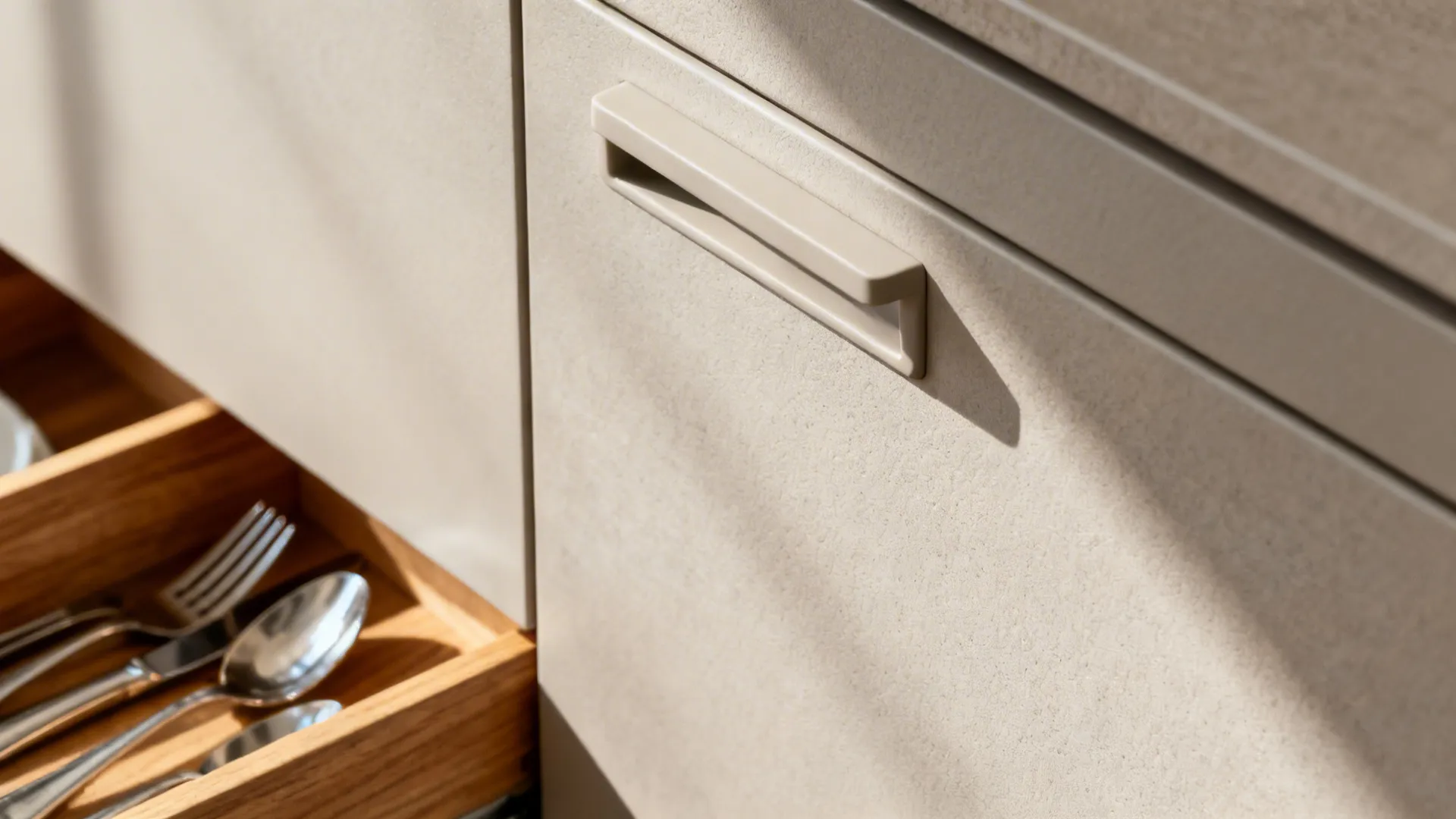 Macro of matte handleless cabinet with anti-fingerprint finish and oak-lined drawer.