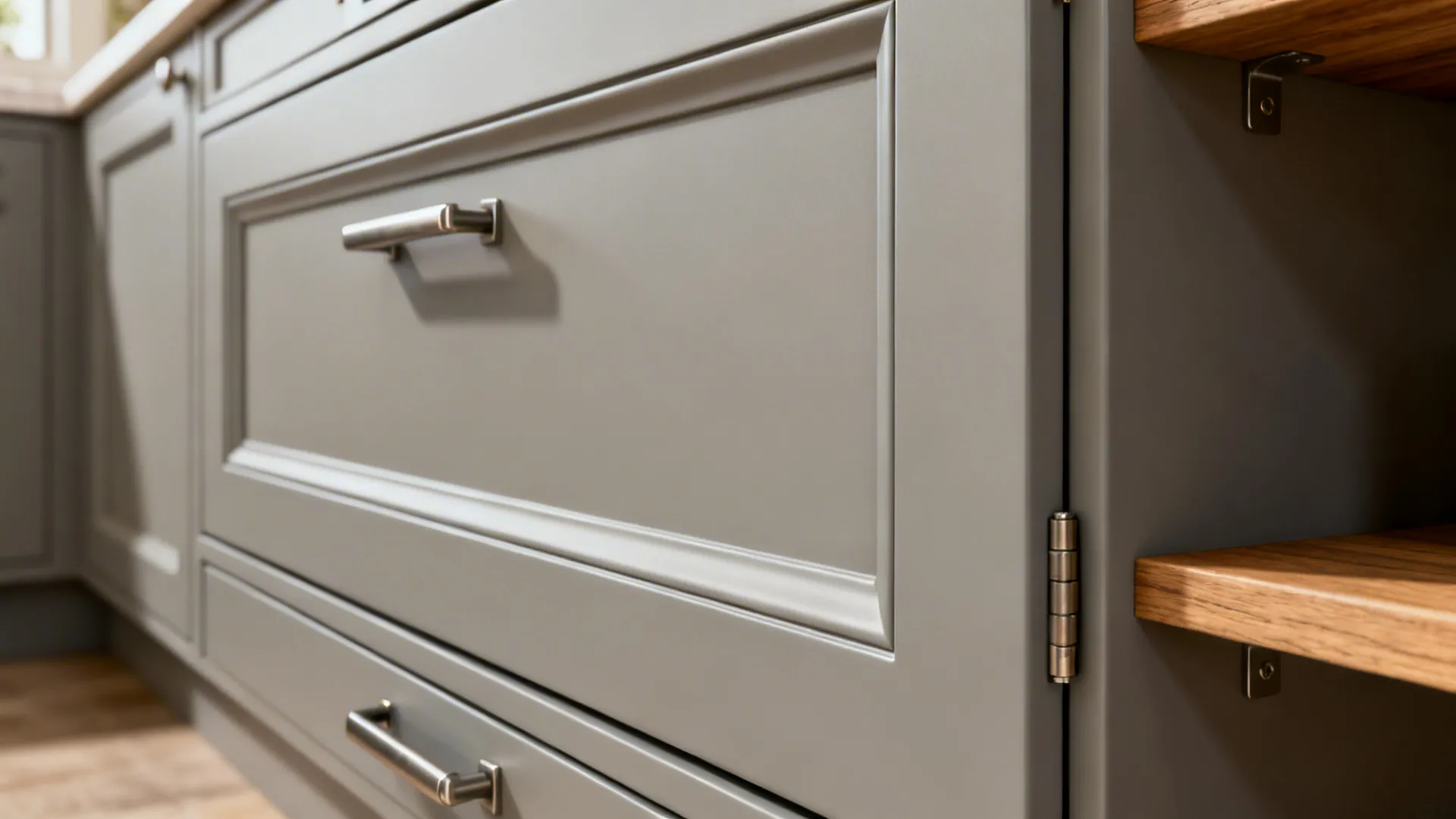 Macro of matte cabinet door with integrated pull and precise minimalist detailing.