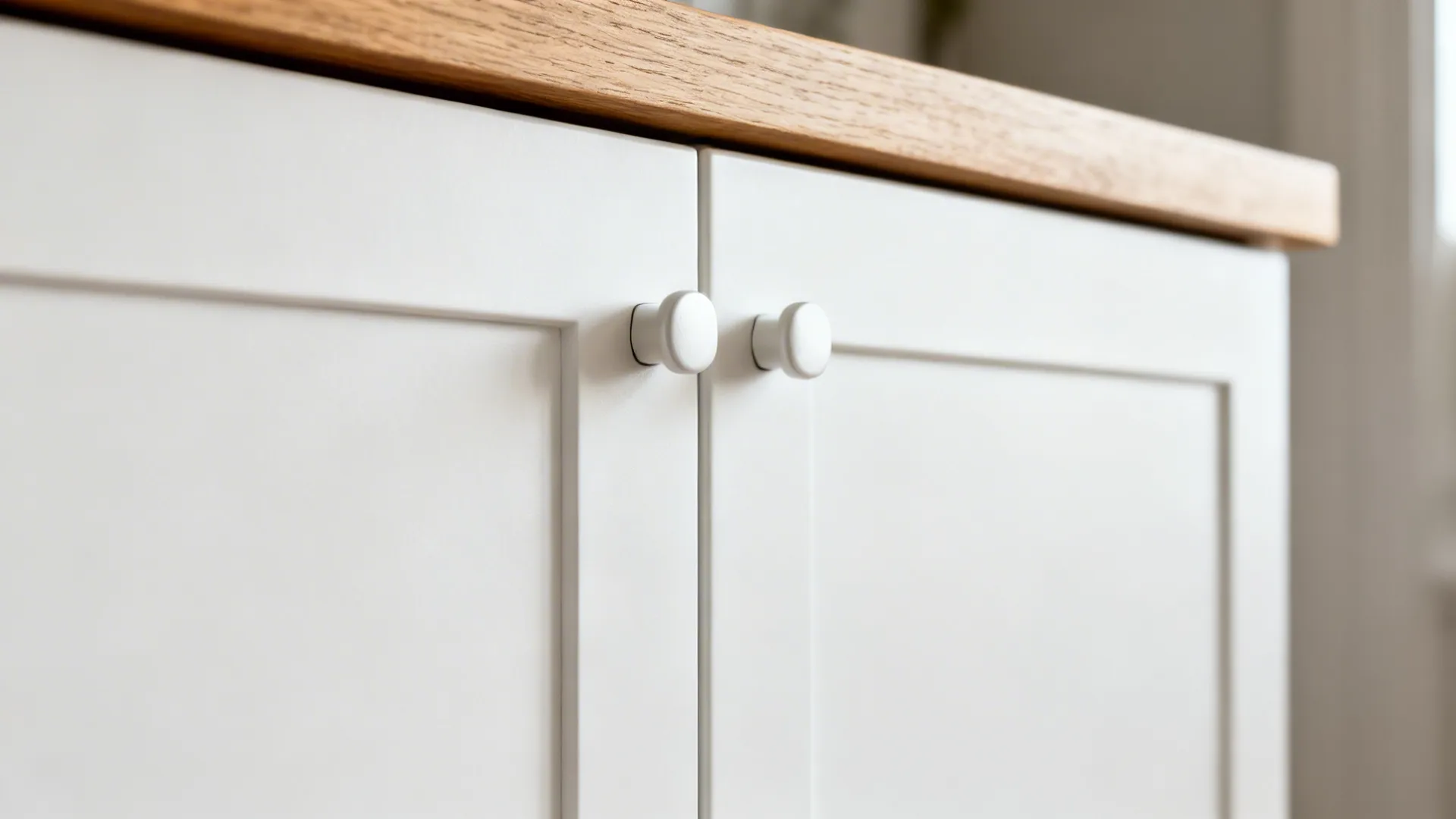 Close-up of white kitchen cabinet doors with round white knobs and a light wood countertop