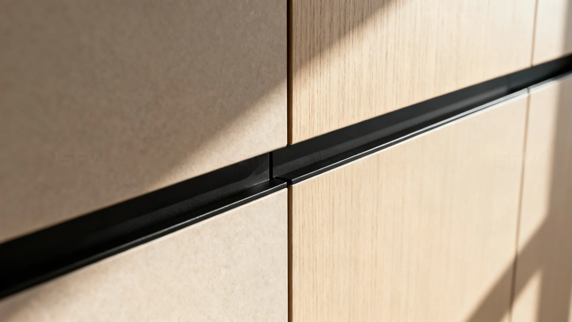 Close up view of modern wooden cabinet doors with black recessed handles and clean straight lines