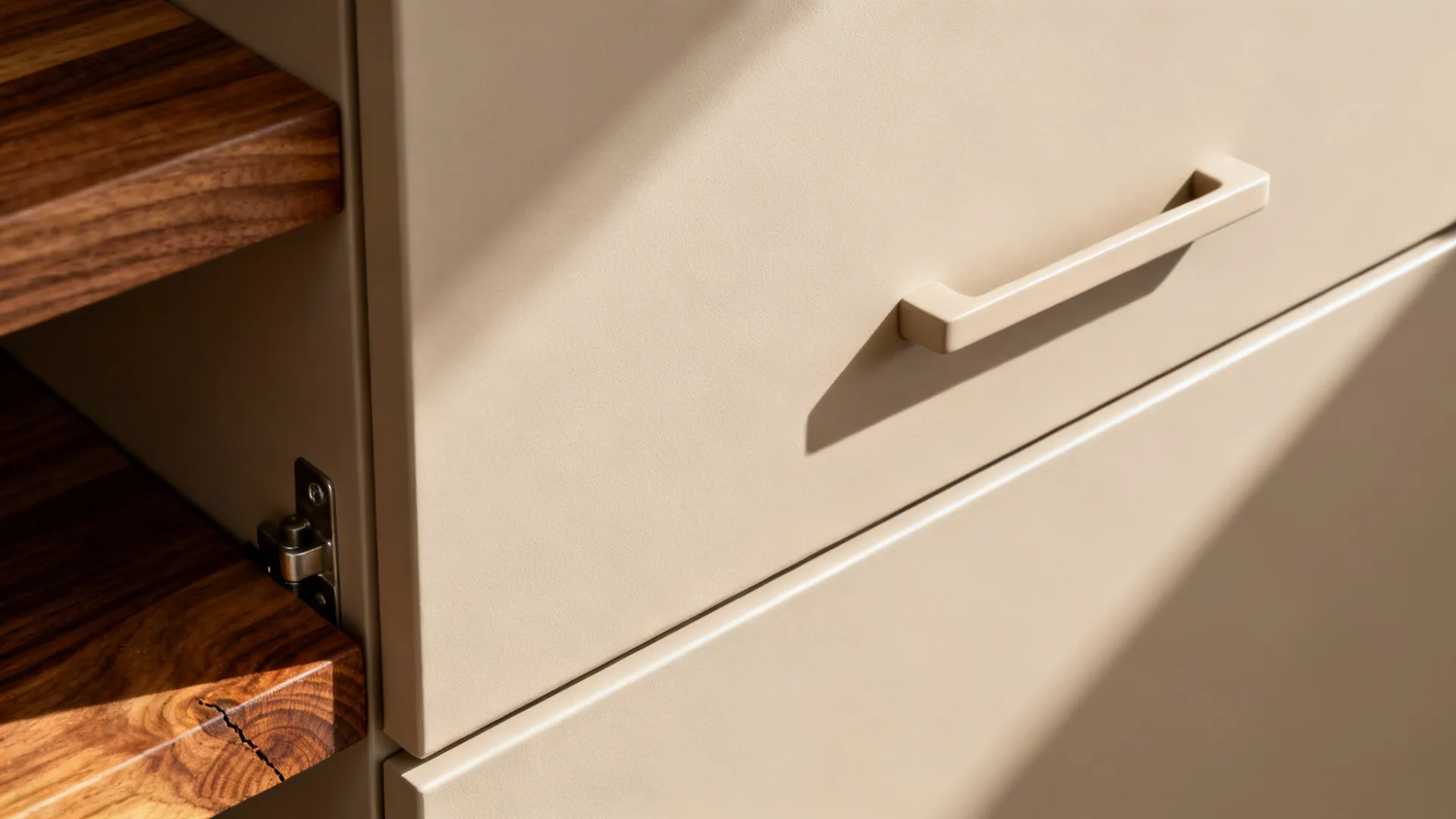 Macro of matte cabinet with integrated pull and subtle anti-fingerprint texture beside kiaat shelf.