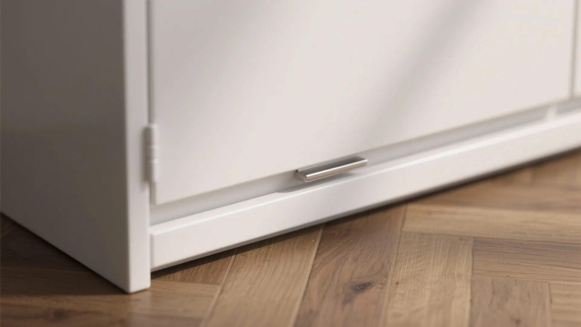 Macro of satin-white cabinet front with integrated pull and oak floor edge.