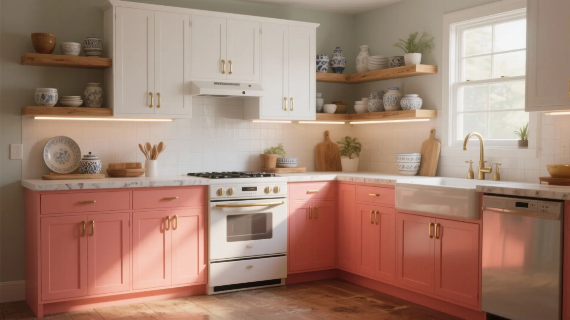 Modern kitchen with pink lower cabinets white upper cabinets marble countertop and white stove appliance design