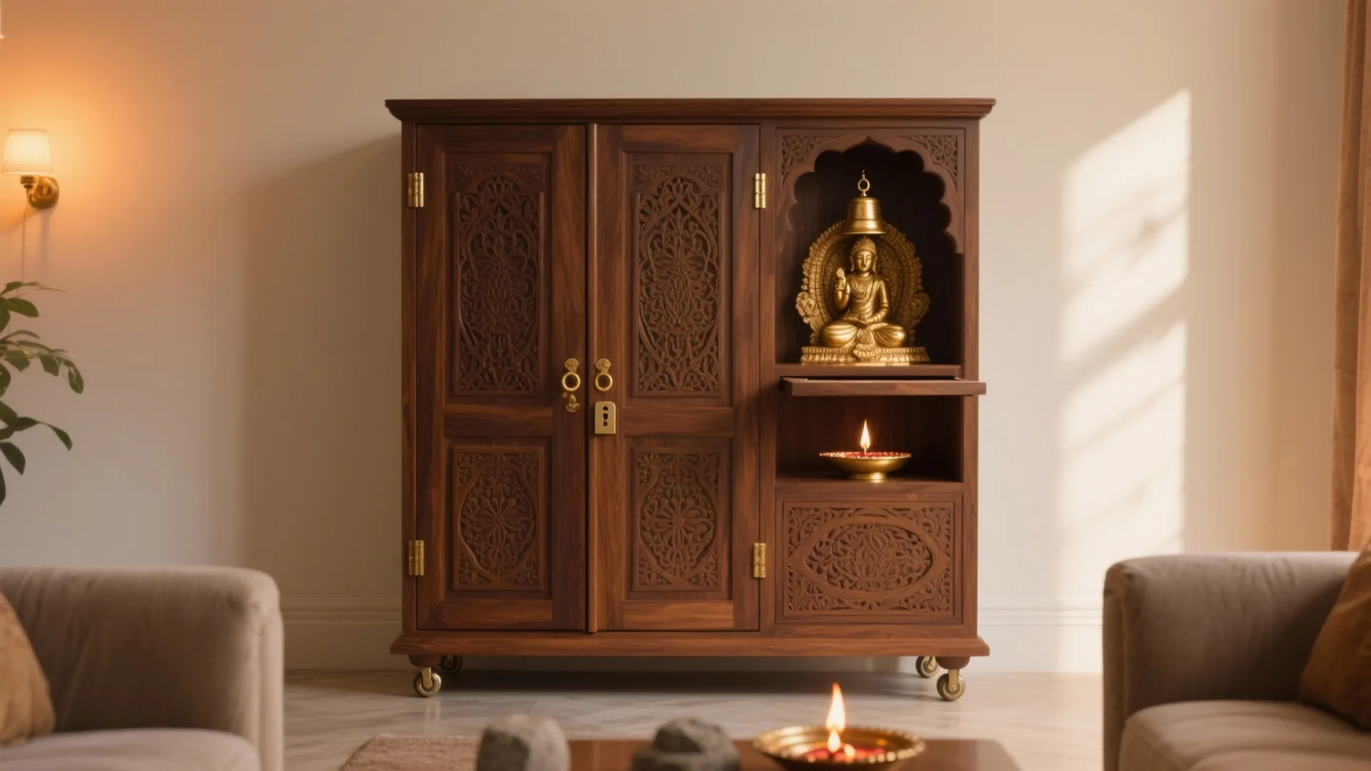Traditional carved wooden cabinet featuring a golden statue inside an open shelf with warm lighting