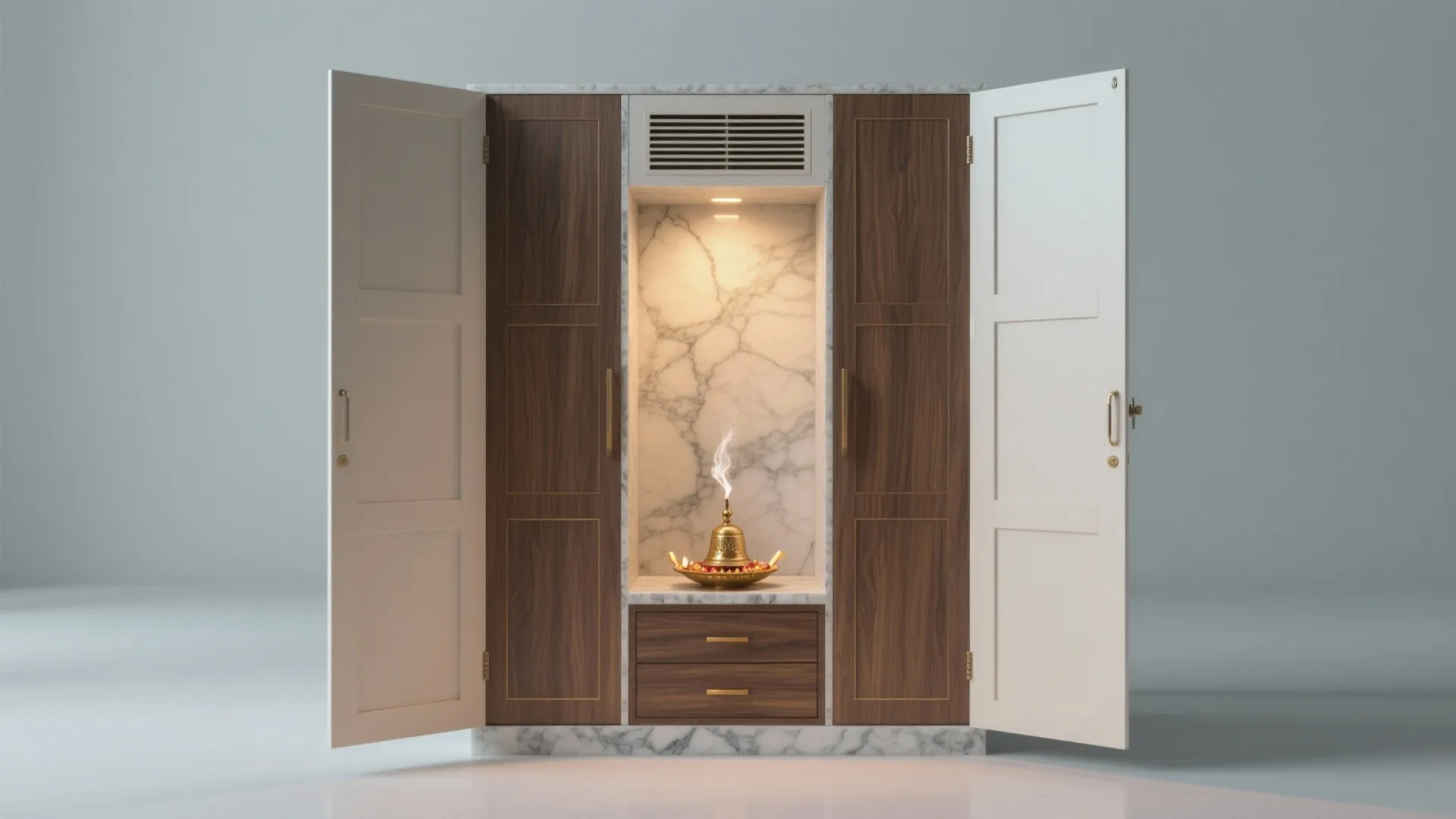 Wooden cabinet with open white doors showing a marble niche and small gold prayer lamp