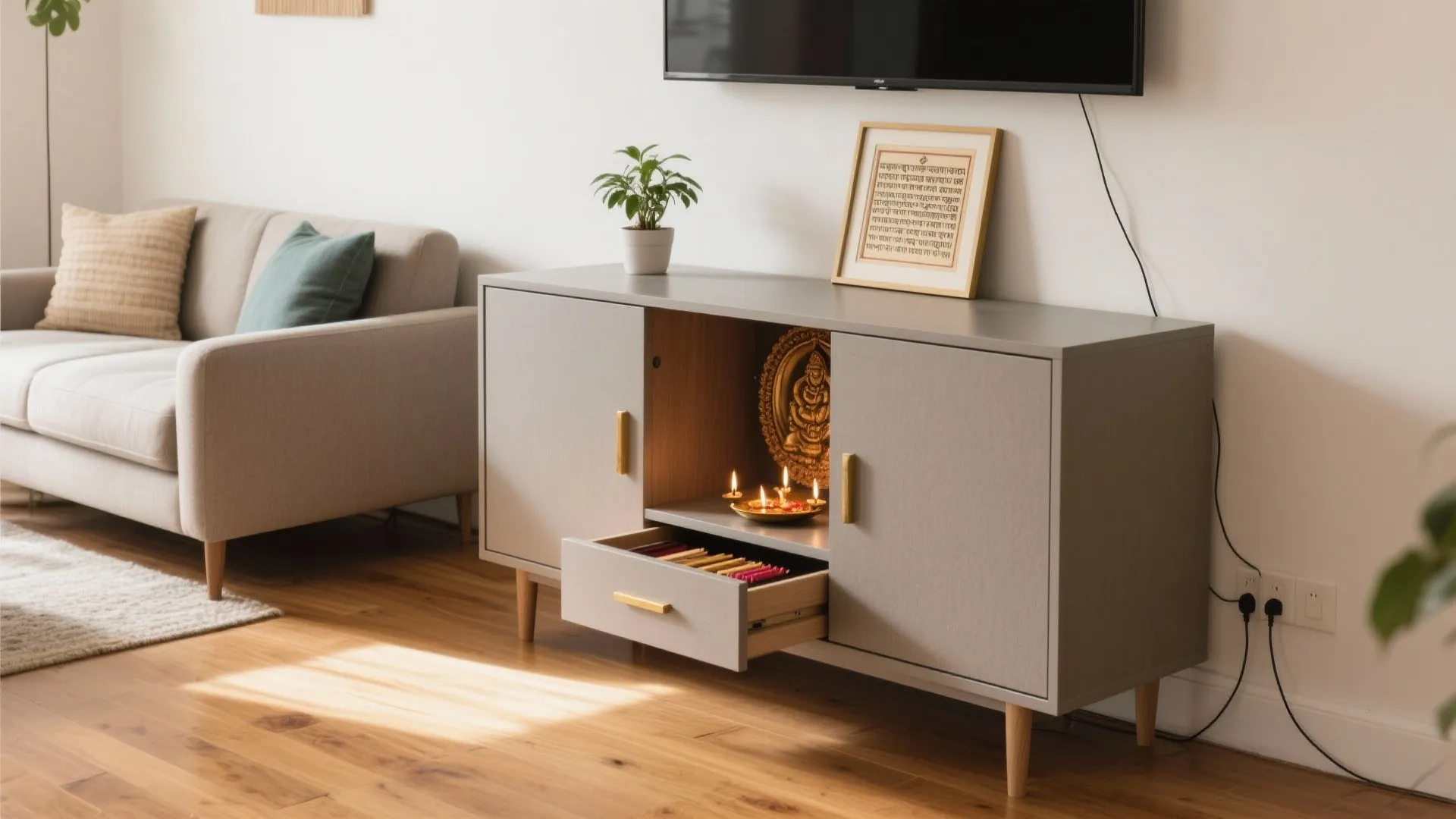 Compact cabinet mandir that doubles as display