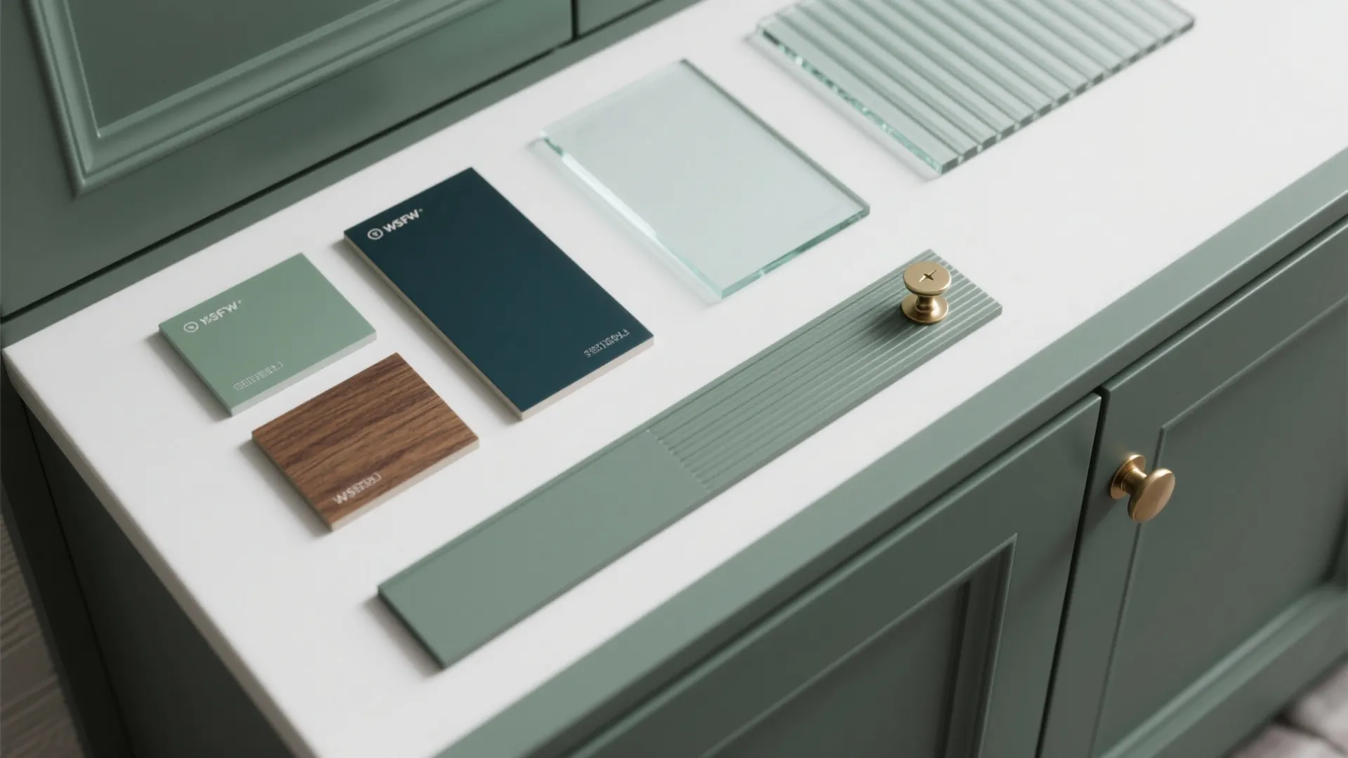 Flatlay of paint swatches, walnut veneer, frosted glass and hardware samples