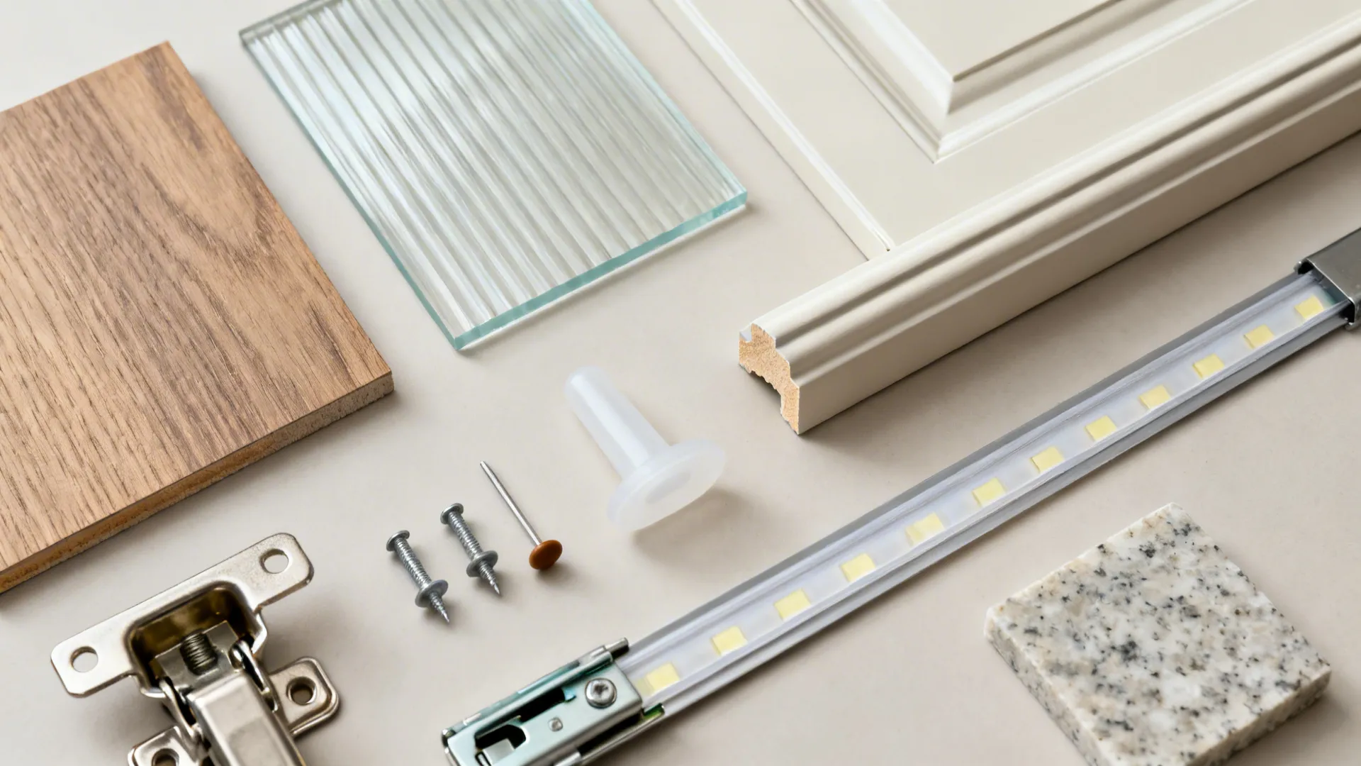 Flat lay of wood, reeded glass, cope rail sample, silicone stops, pegs, hinges, slides, and quartz.