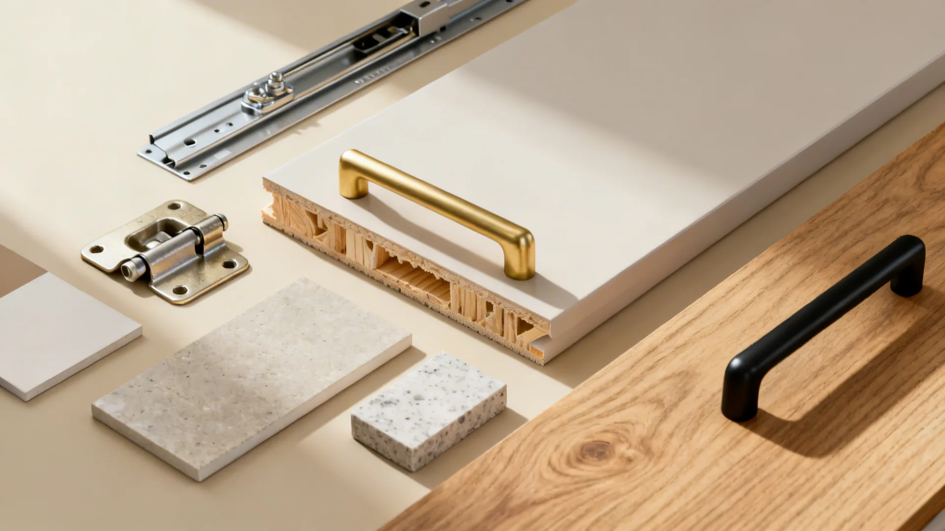 Various kitchen cabinet materials with wood panels white boards gold metal handles hinges and stone