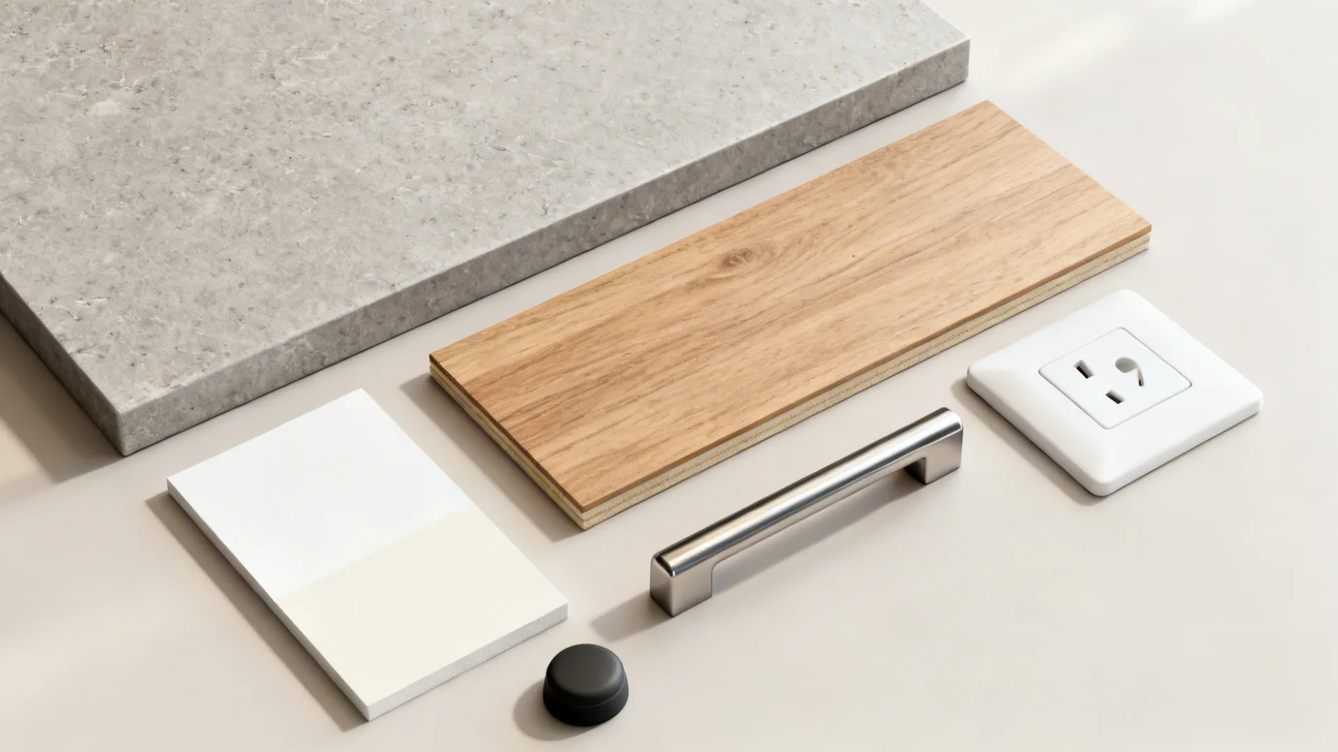 Flat lay of engineered stone, mid-tone oak laminate, brushed metal pull, and warm white paint.