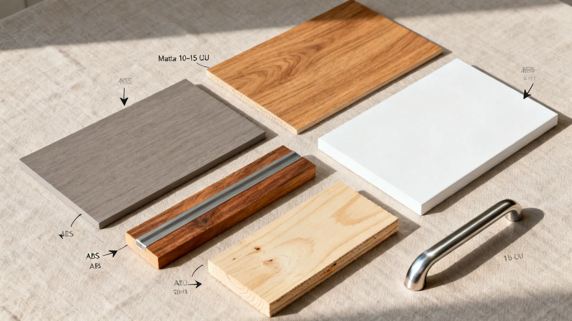 Flat lay of cabinet materials: matte laminate, oak veneer, ABS edging, melamine, birch ply, and handle.
