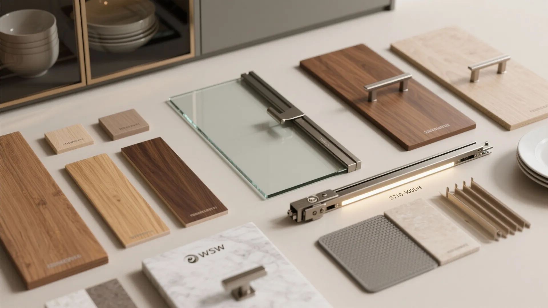 Collection of interior design materials including wood samples glass metal handles and a marble board