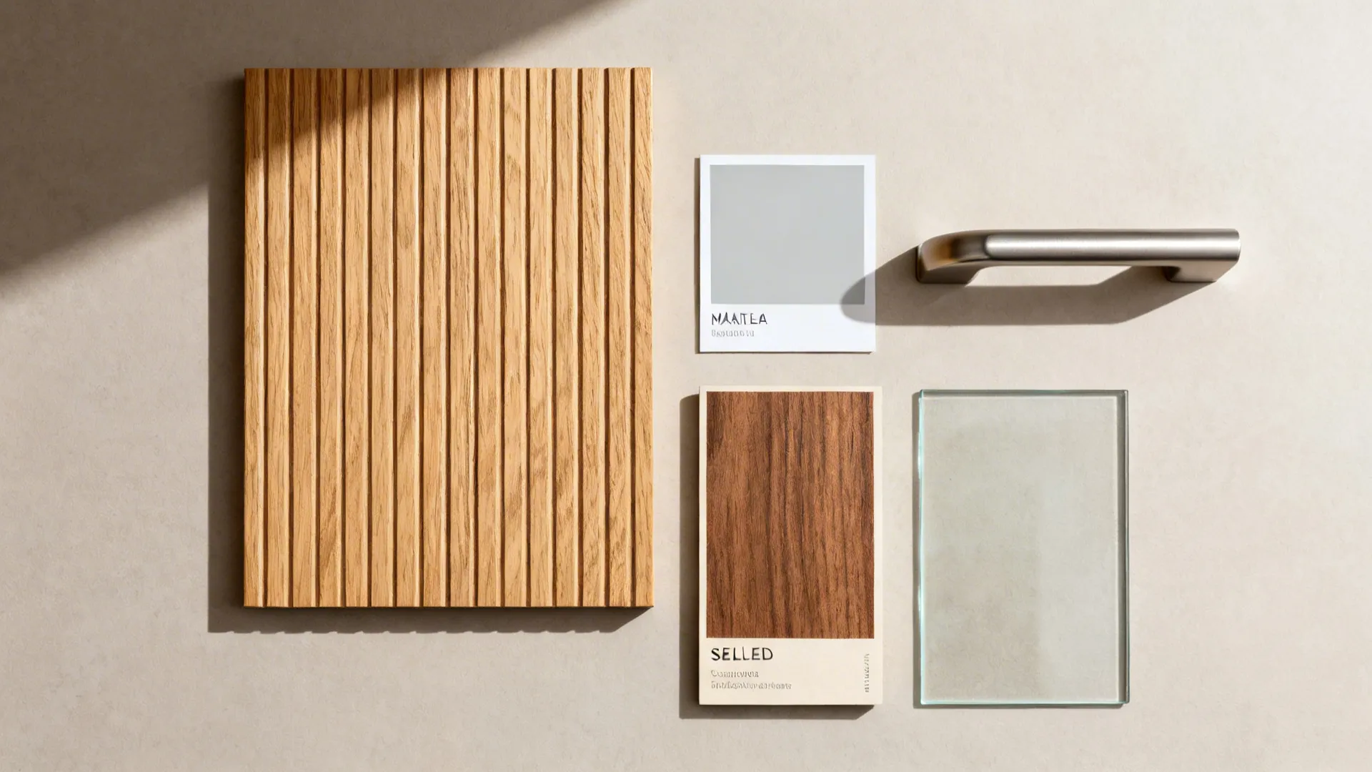 Flat lay of oak veneer, pale gray paint, brushed aluminum, and low-iron glass samples.