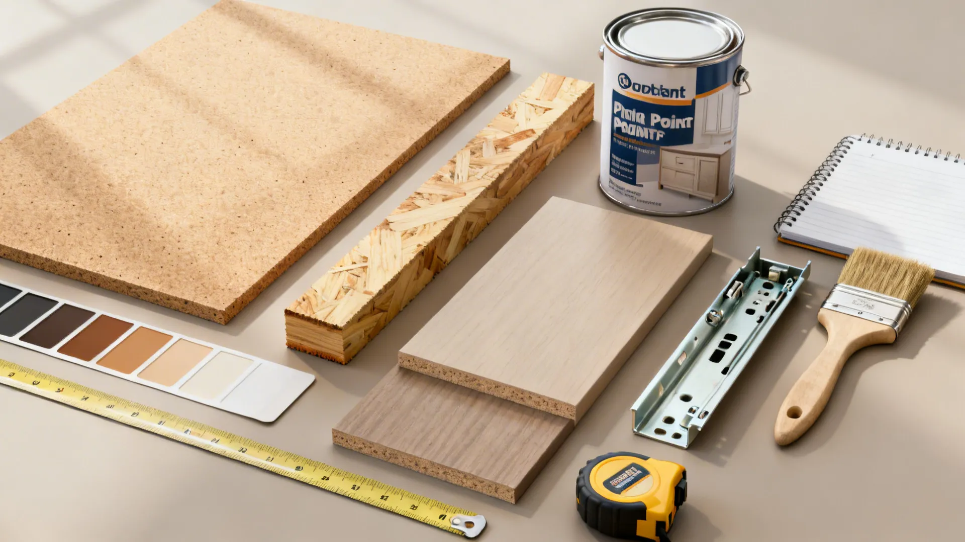 Flatlay of affordable cabinet materials and tools including MDF sample, paint swatches and drawer slide