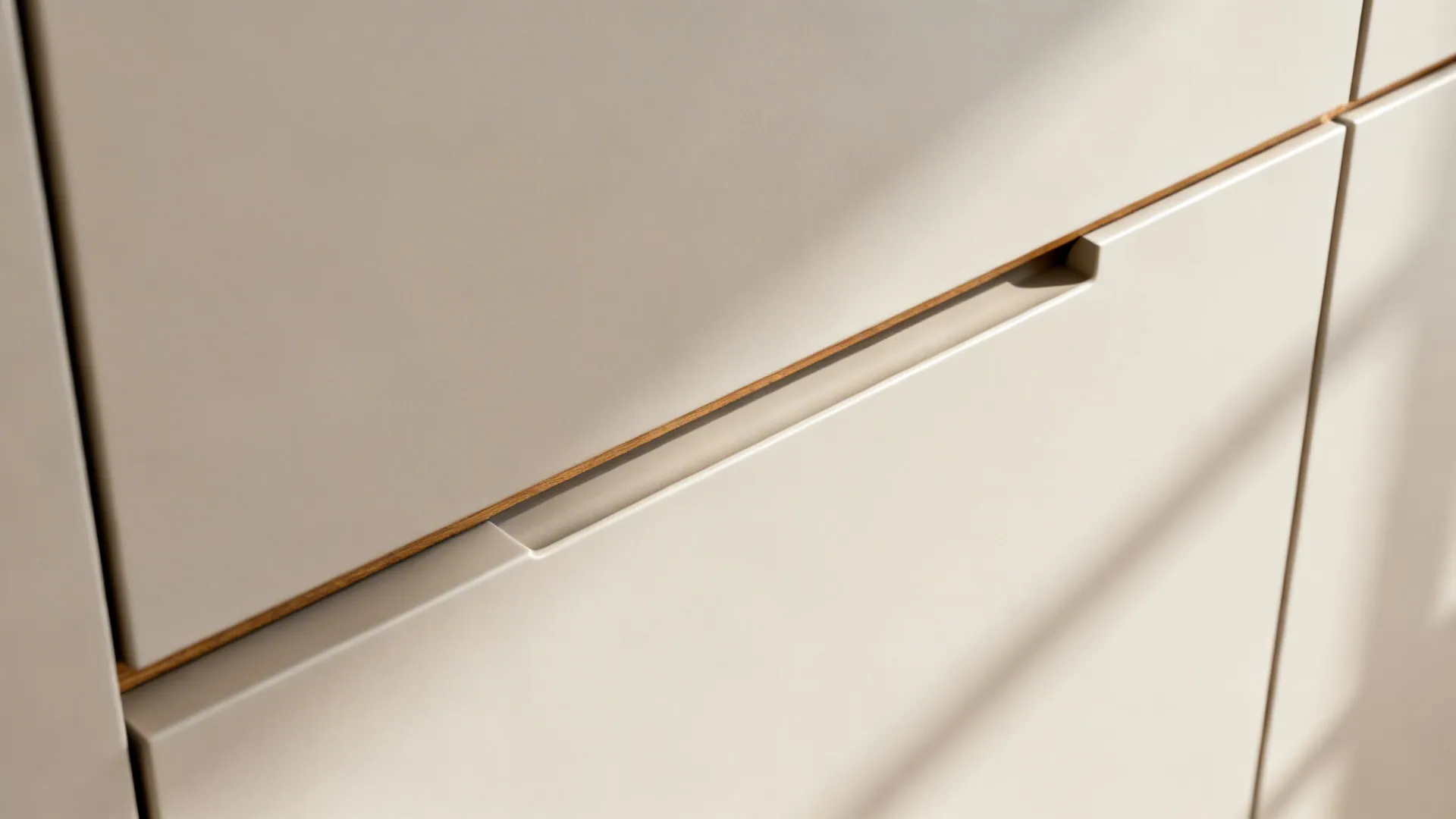 Macro detail of a matte cabinet door with a slim handle and clean edges.