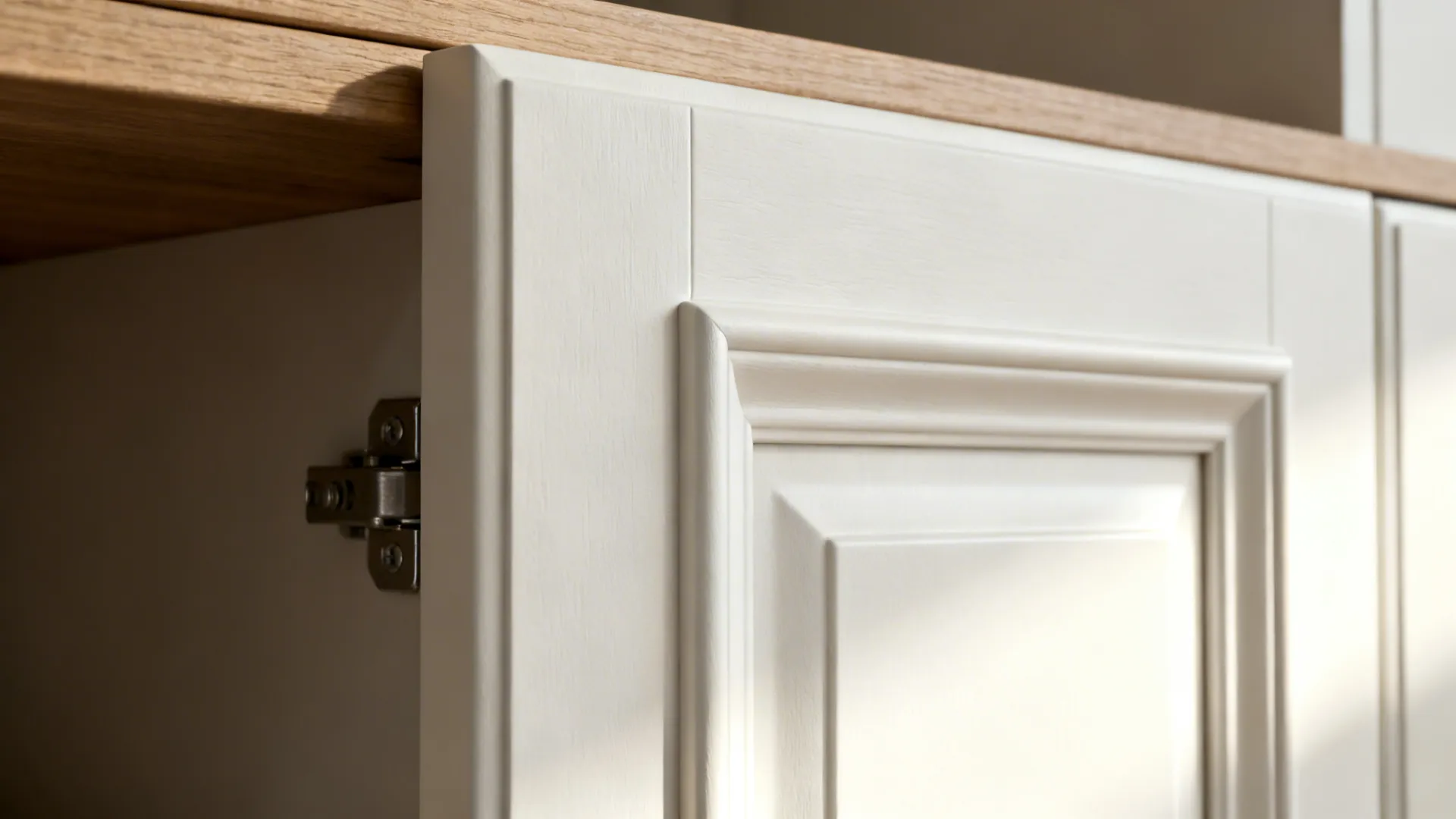 Macro of a matte white cabinet door with integrated pull and precise 18–19 mm thickness.