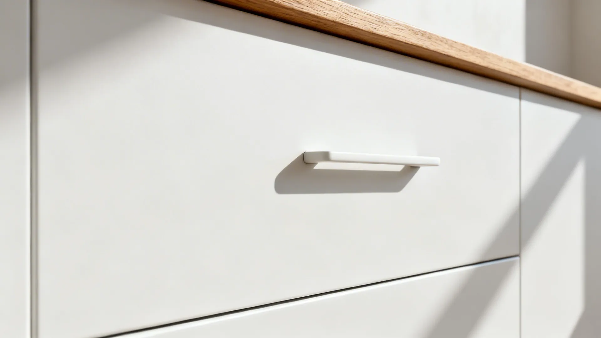 Macro of matte white handleless cabinet with integrated pull and oak shelf edge.