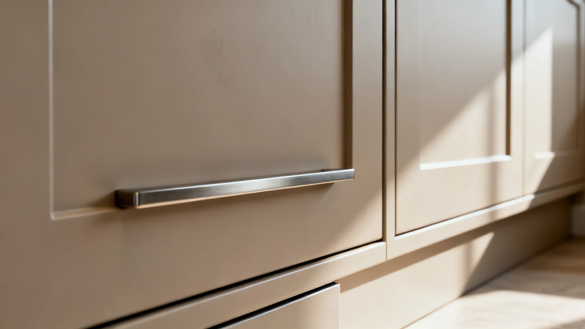 Macro view of a matte cabinet door with an integrated micro-pull and toe-kick drawer seam.