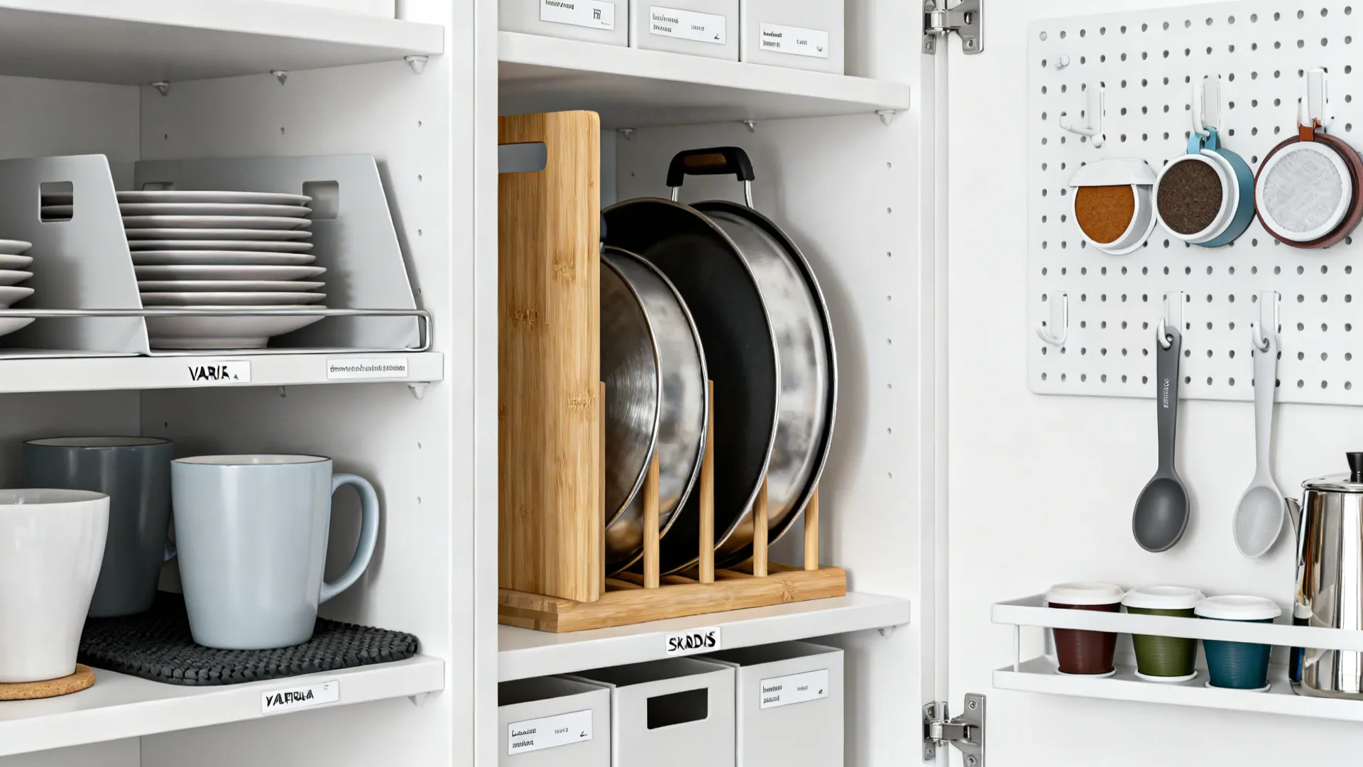 Close-ups of shelf risers, dividers, and a pegboard creating organized kitchen micro-zones.