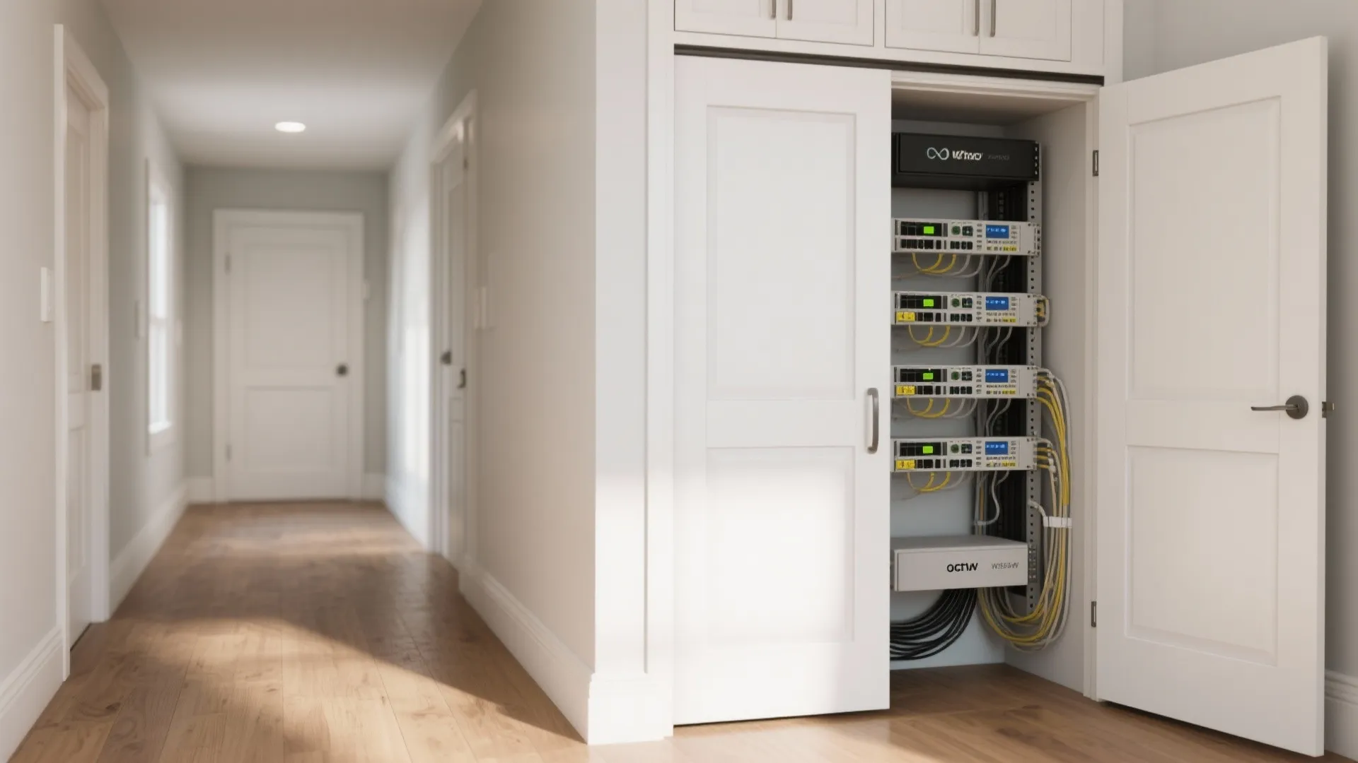 Open white cabinet doors in a hallway revealing a network rack with multiple electronic devices