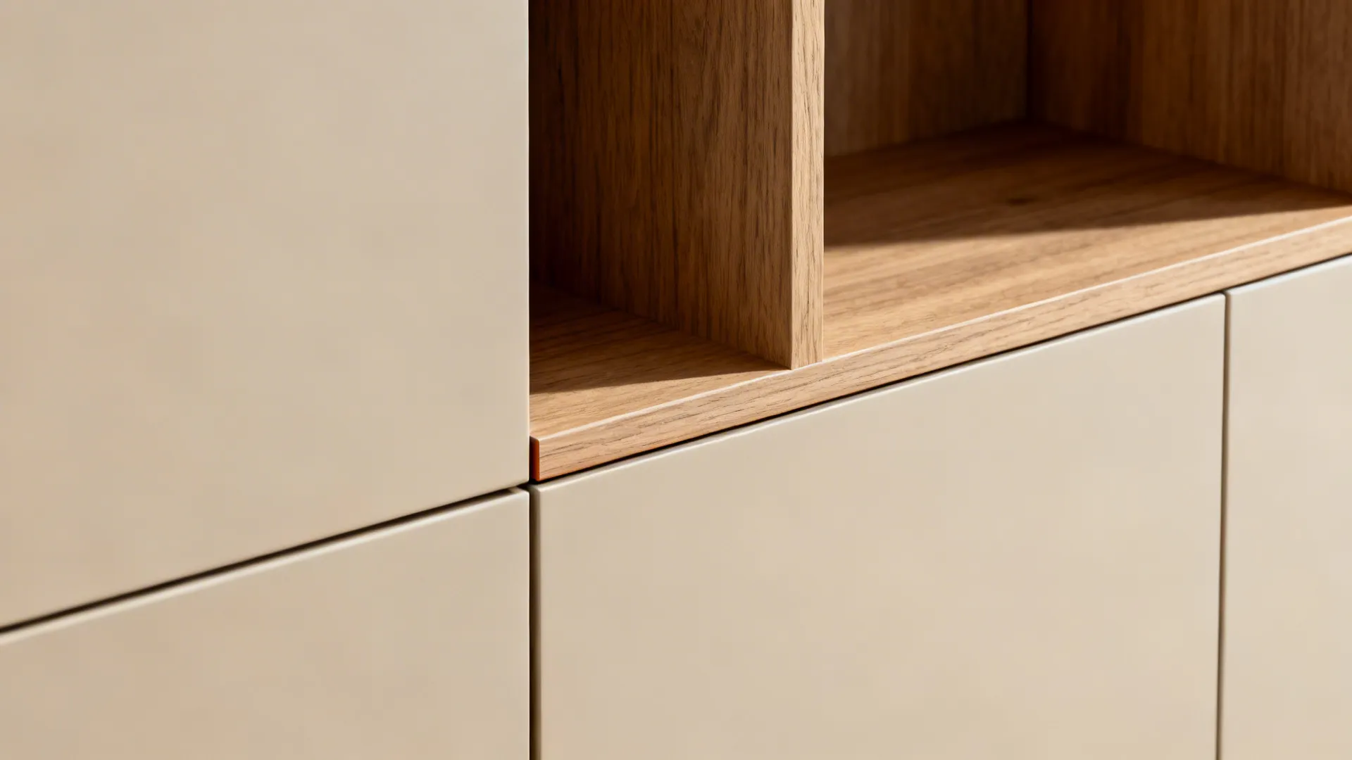 1) Minimalist storage wall that bridges living and kitchen