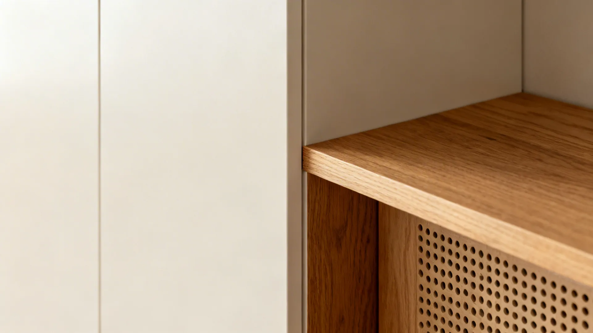 Macro detail of matte cabinet meeting an oak display ledge with a perforated speaker panel.