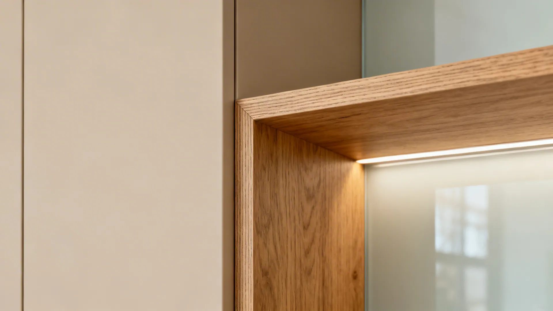 Macro of matte beige cabinet edge and rift-cut oak shelf with glow on pale glass backsplash.
