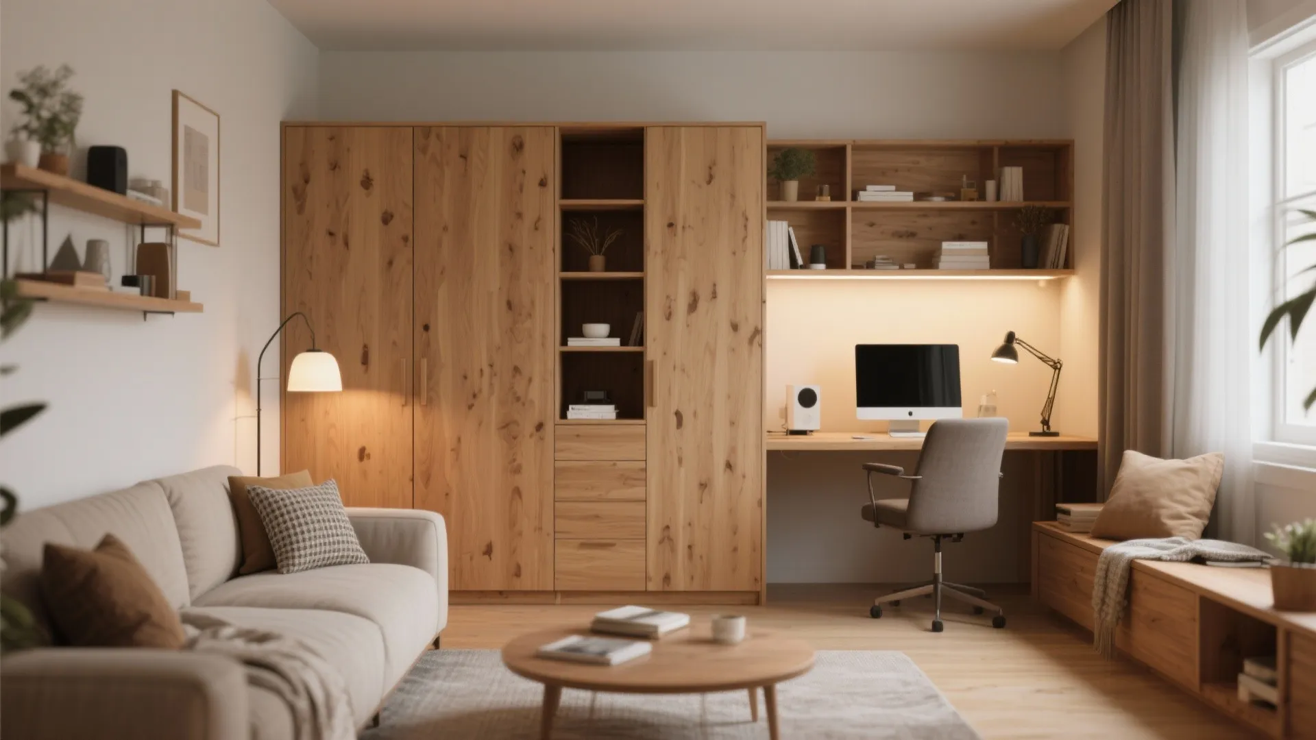 Living room workspace featuring large wooden storage cabinet and integrated desk with a computer monitor