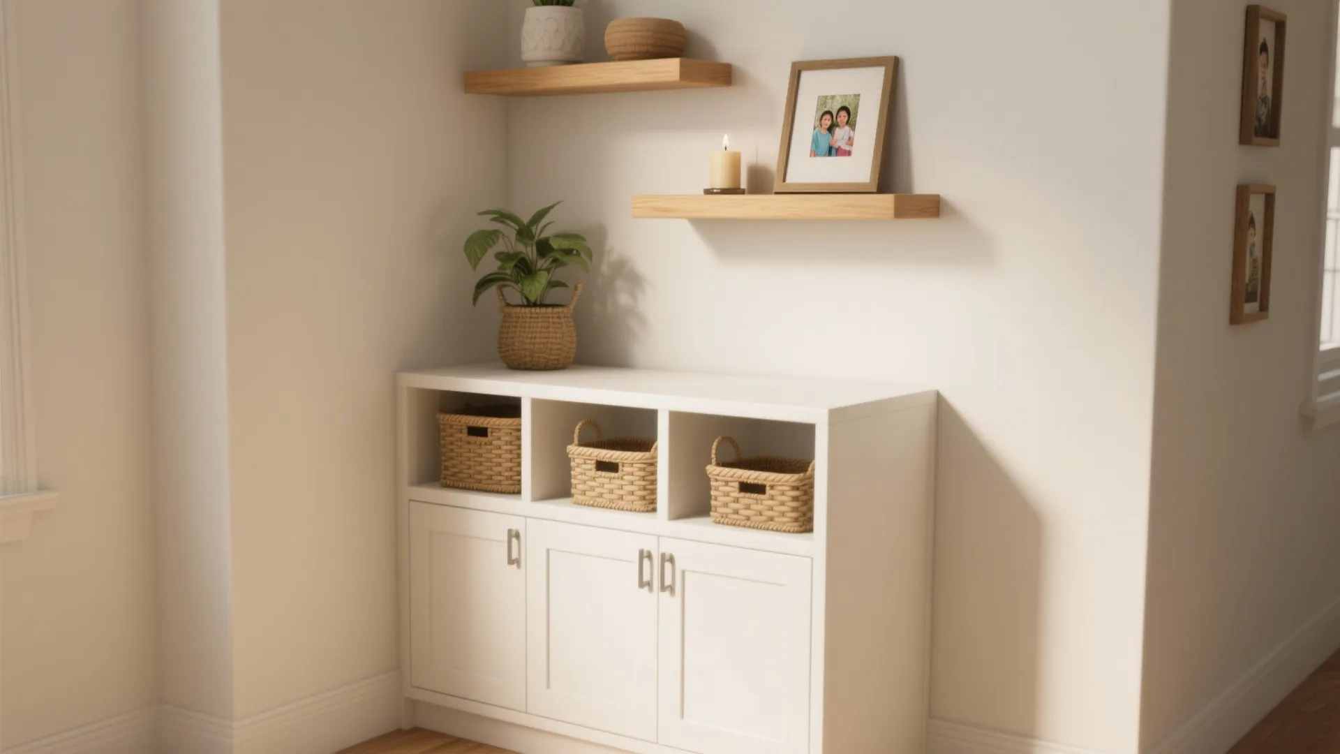 Corner cabinet + open shelves for hidden storage