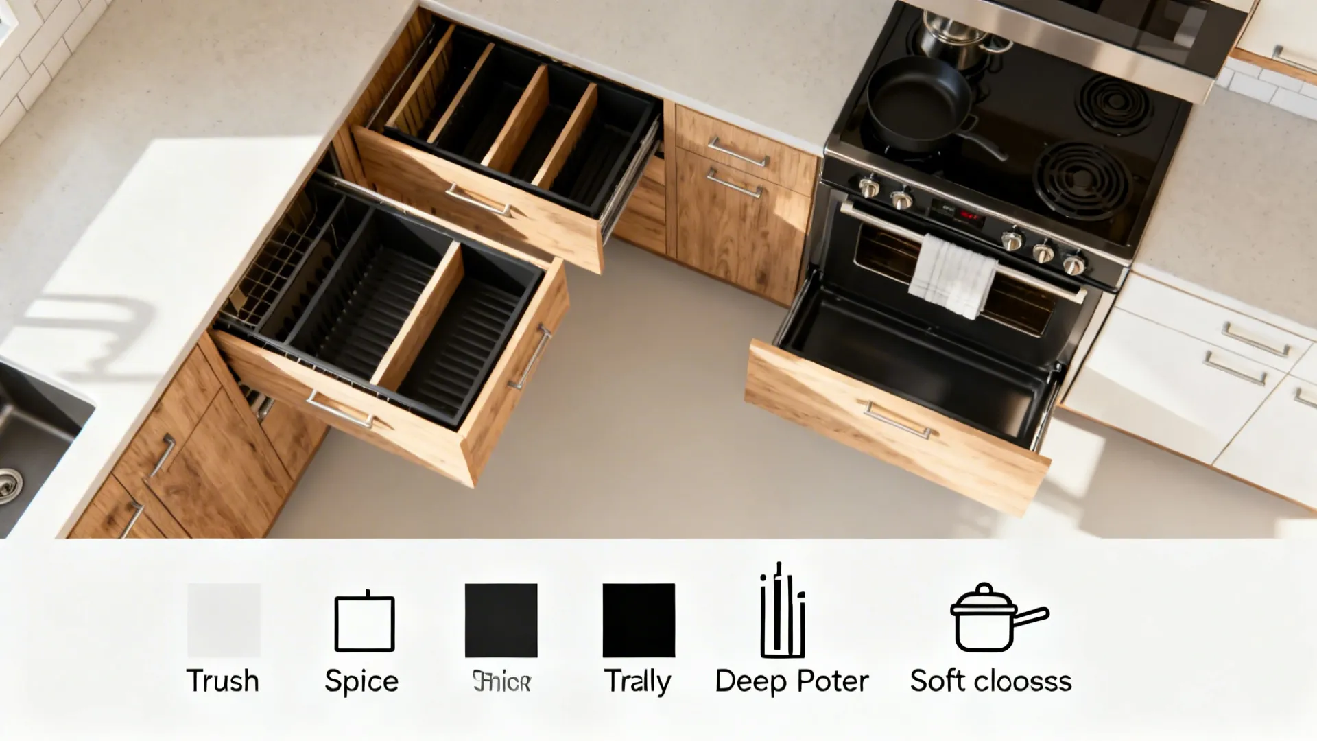 Top-down organization concept for a small kitchen with pull-outs and dividers.