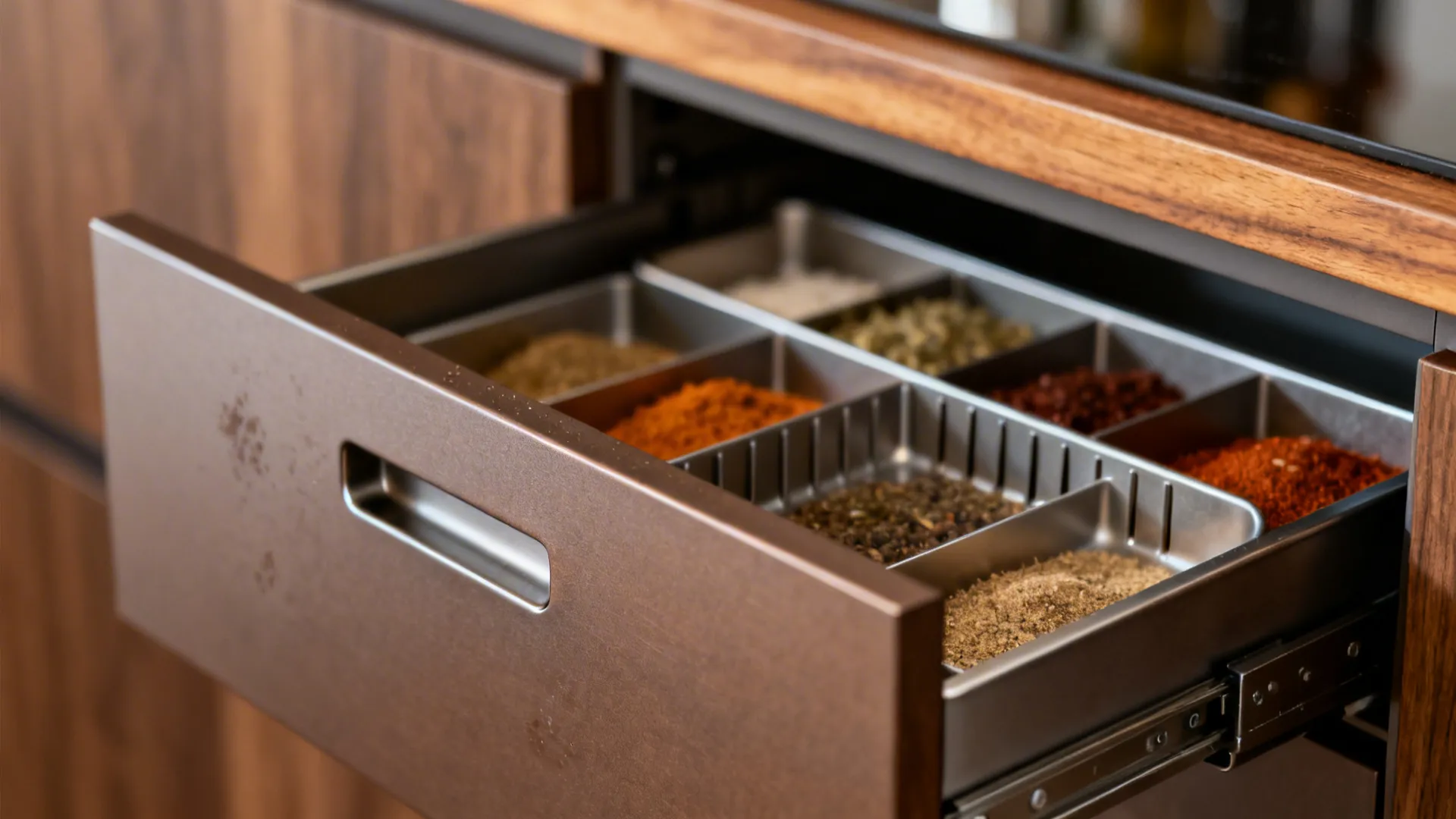 Macro of handleless matte cabinet with organized spice tray and tray dividers.