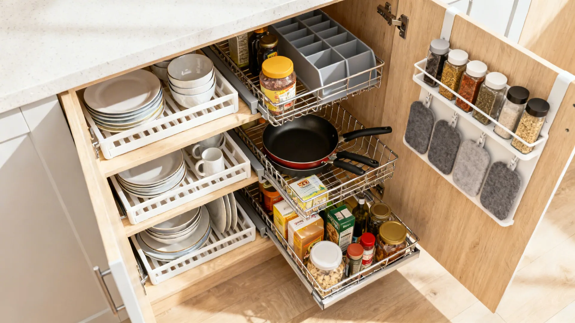 Top-down view of cabinet with risers, pull-out baskets, pan dividers, and a door spice rack.